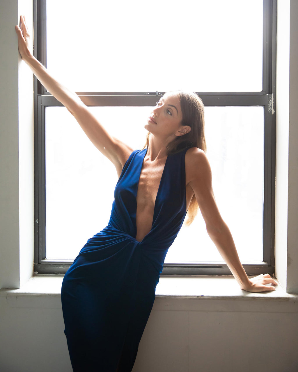 Twist-Front Ruched Jersey V-Neck Gown
