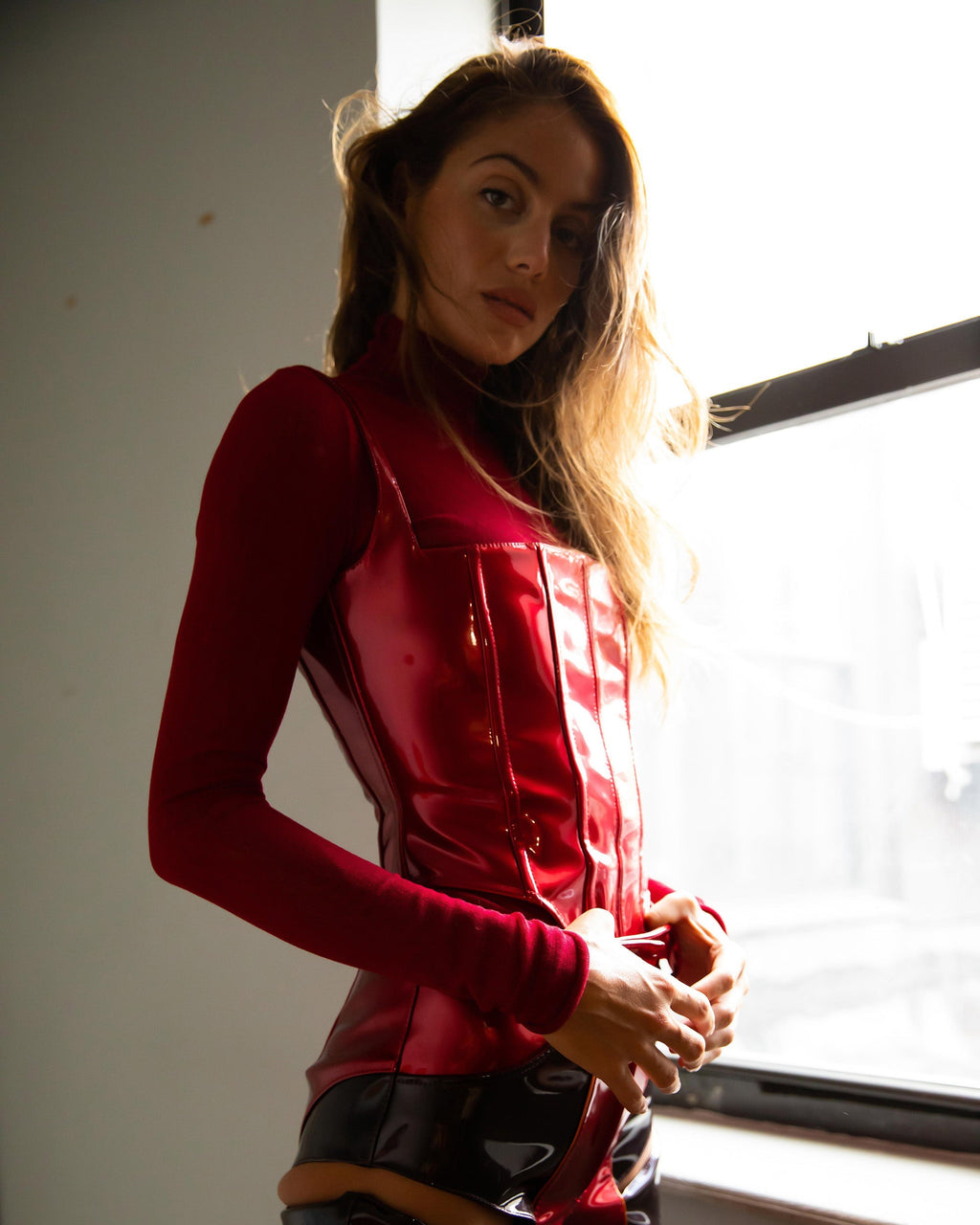 Asymmetric Patent-Vinyl Corset Top