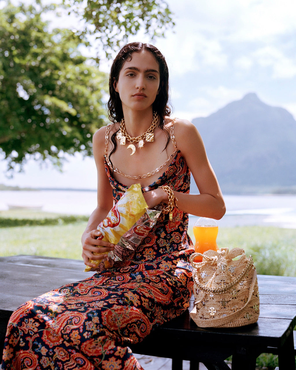 Chain-Embellished Paisley-Print Satin Maxi Dress