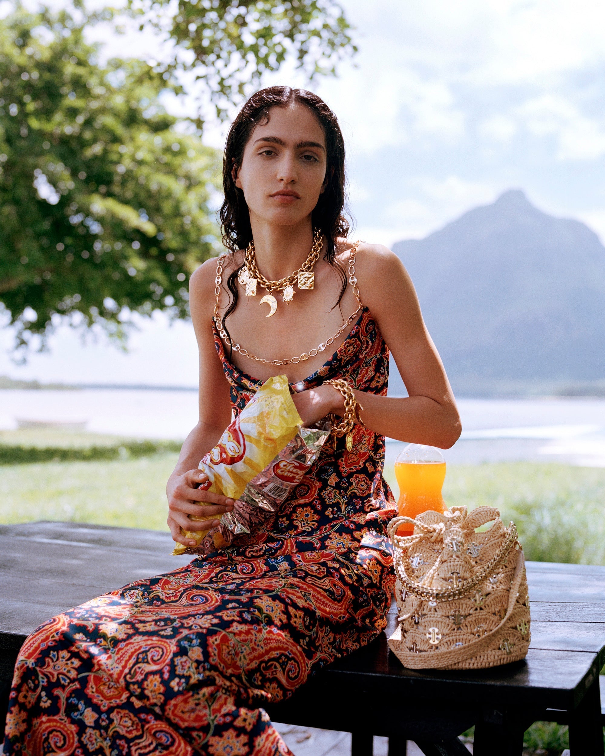 Chain-Embellished Paisley-Print Satin Maxi Dress