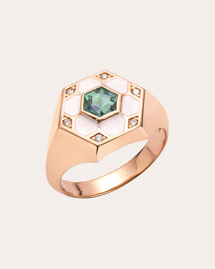 Pod 14K Gold Enamel Green Sapphire and Diamond Signet Ring