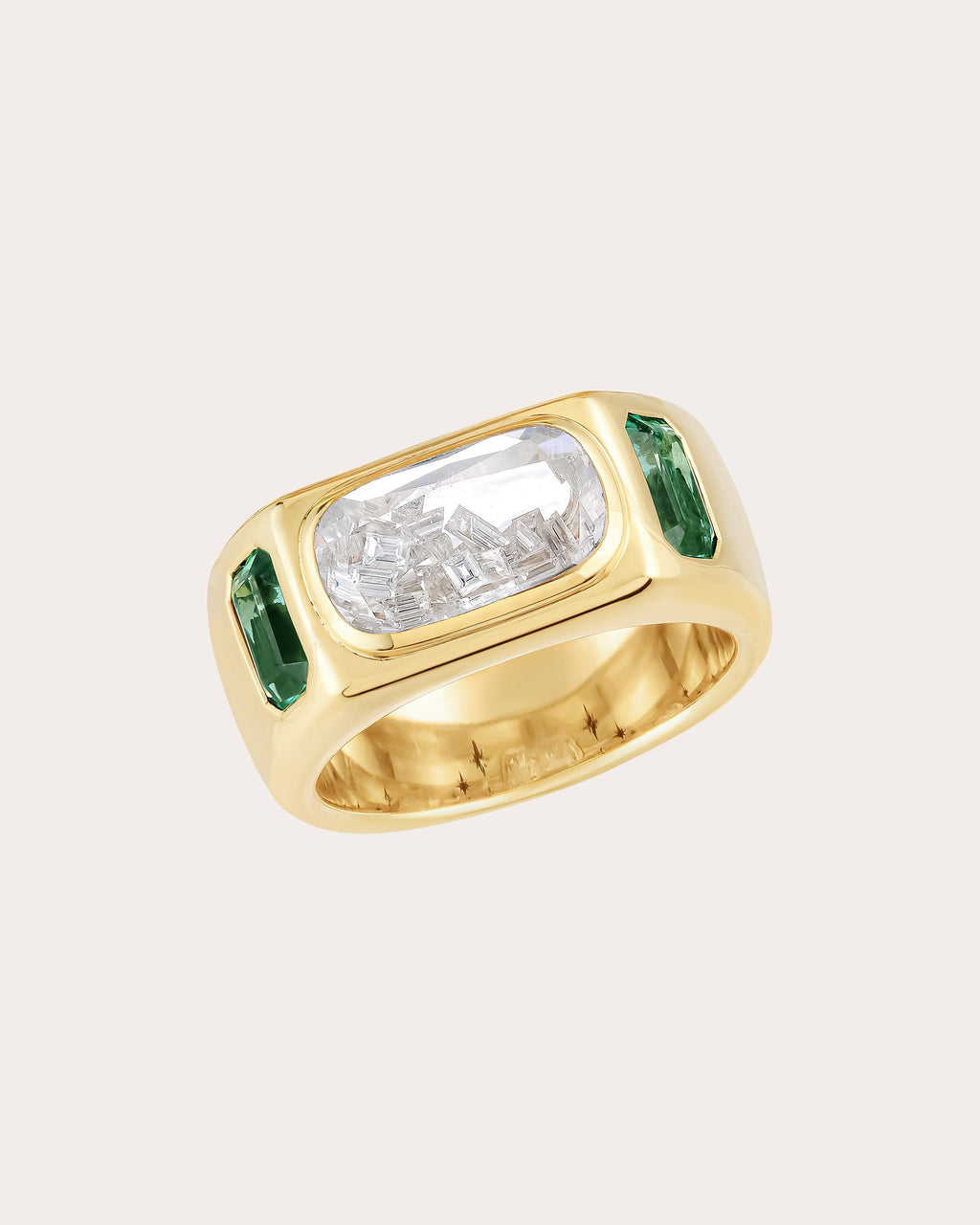 Brado 18K Gold Crystal Emerald and Diamond Cigar Band Shaker Ring