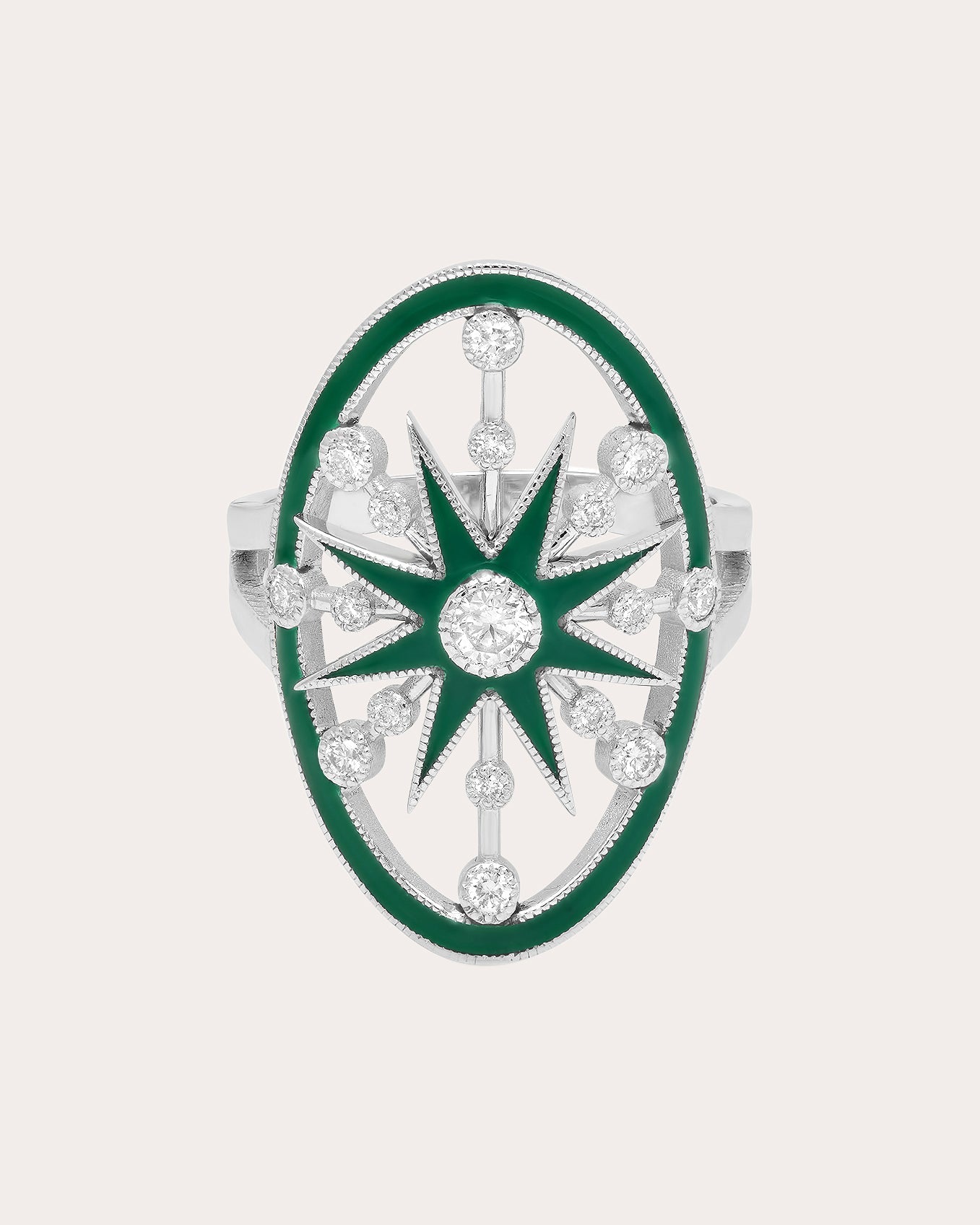 Danvou 18K Gold Green Enamel and Diamond Halo Ring