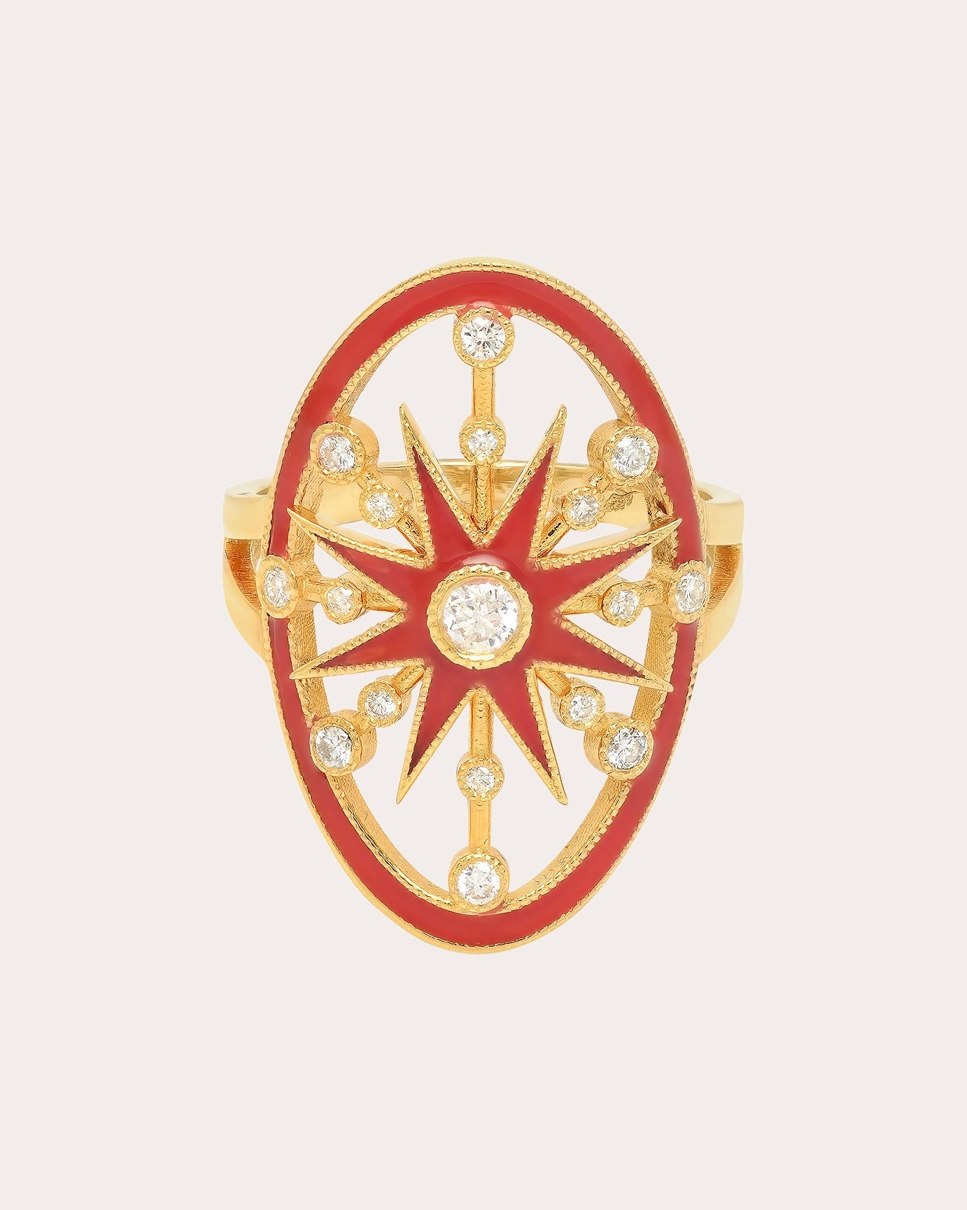 Danvou 18K Gold Red Enamel and Diamond Halo Ring