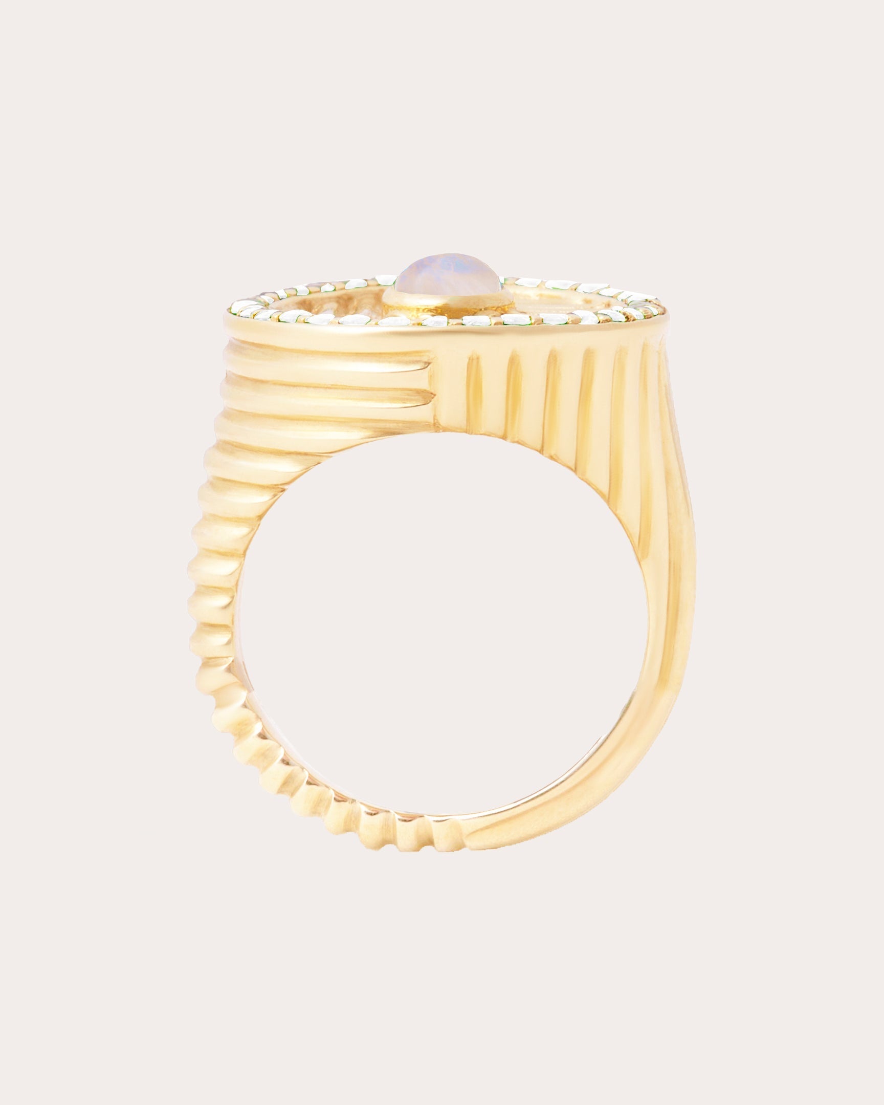 Found 14K Gold Moonstone and Diamond Ribbed Ring