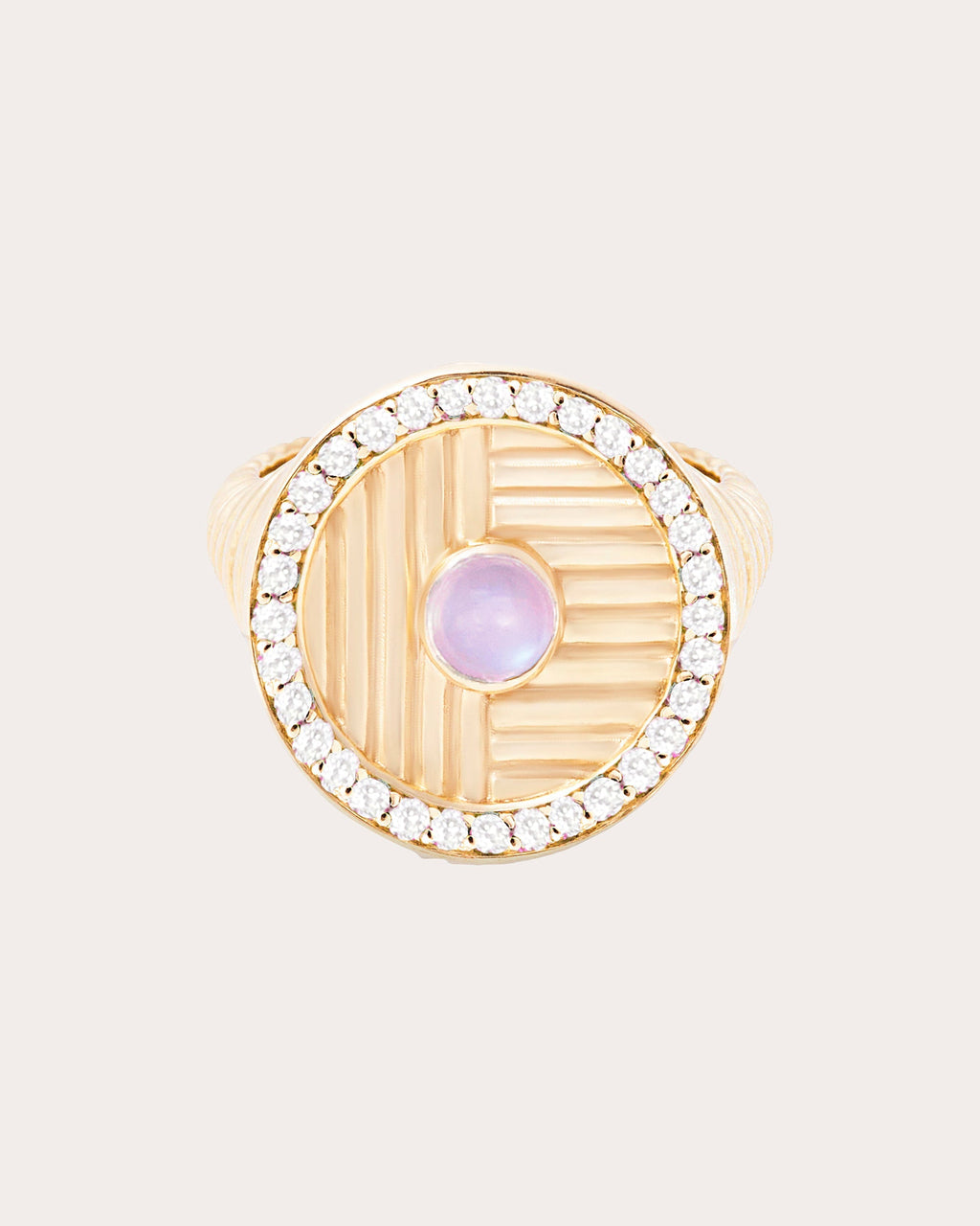Found 14K Gold Moonstone and Diamond Ribbed Ring