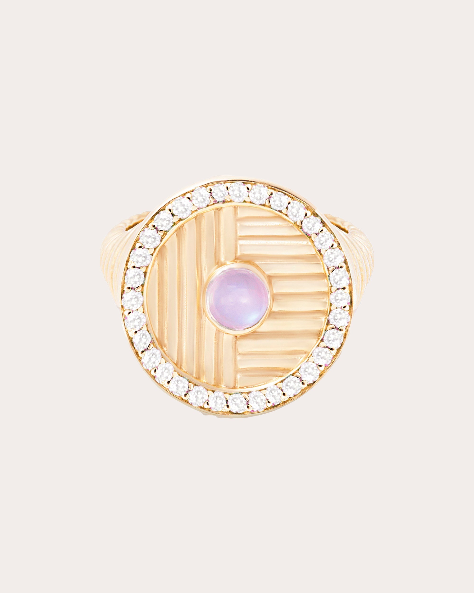 Found 14K Gold Moonstone and Diamond Ribbed Ring