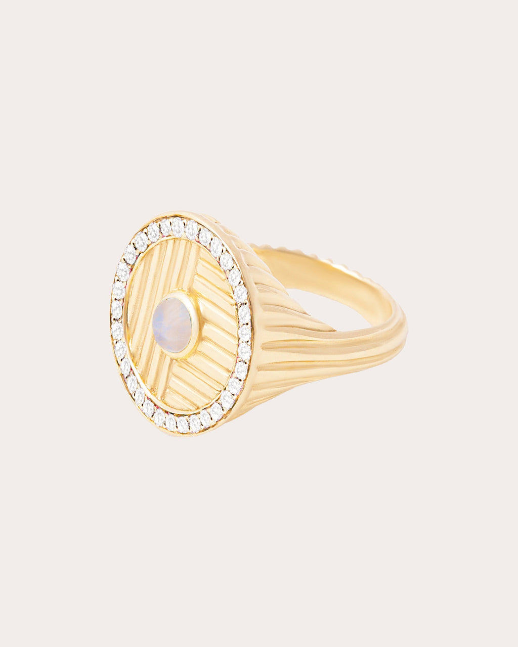 Found 14K Gold Moonstone and Diamond Ribbed Ring