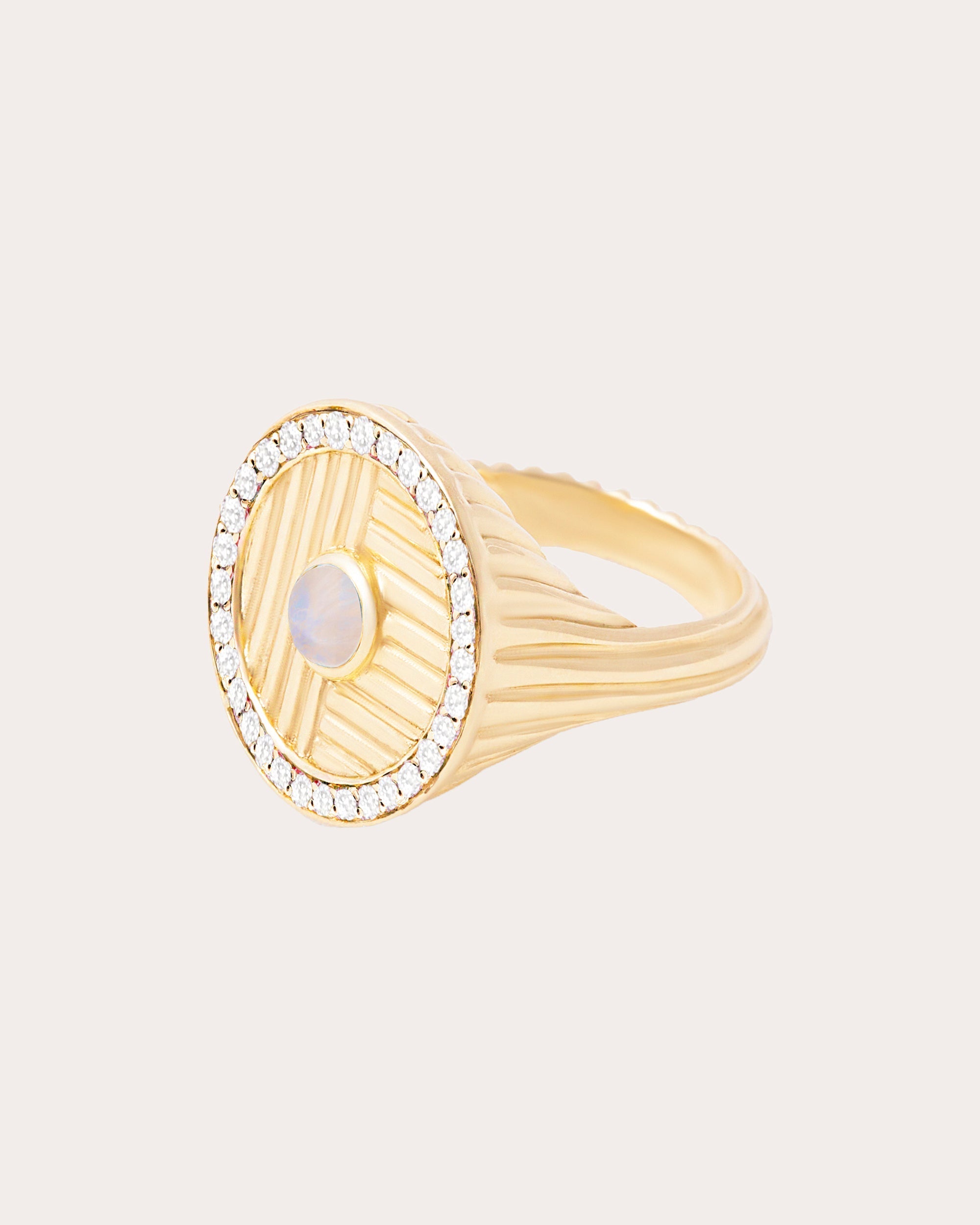 Found 14K Gold Moonstone and Diamond Ribbed Ring