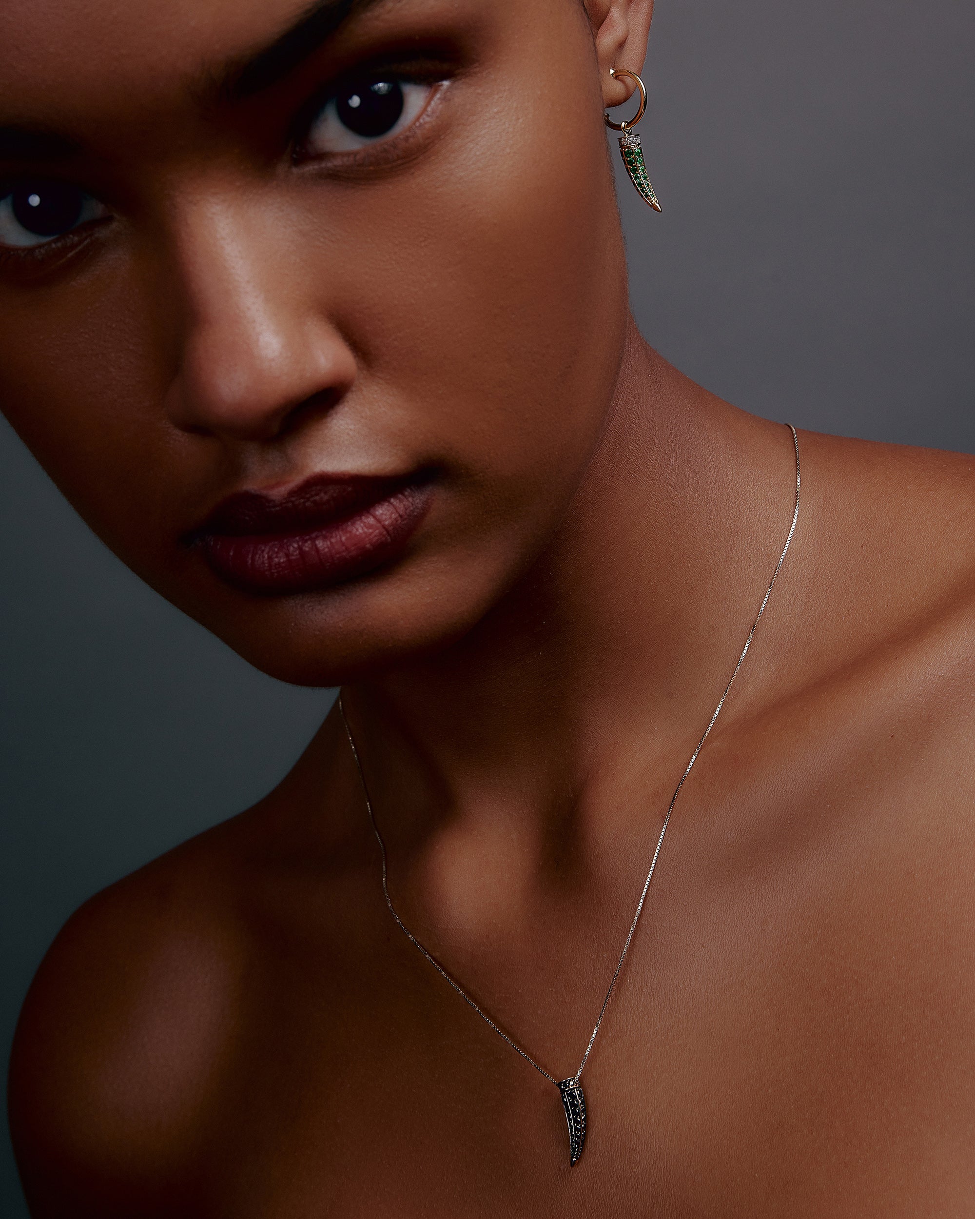 Horn 18K Gold Emerald and Diamond Single Hoop Earring