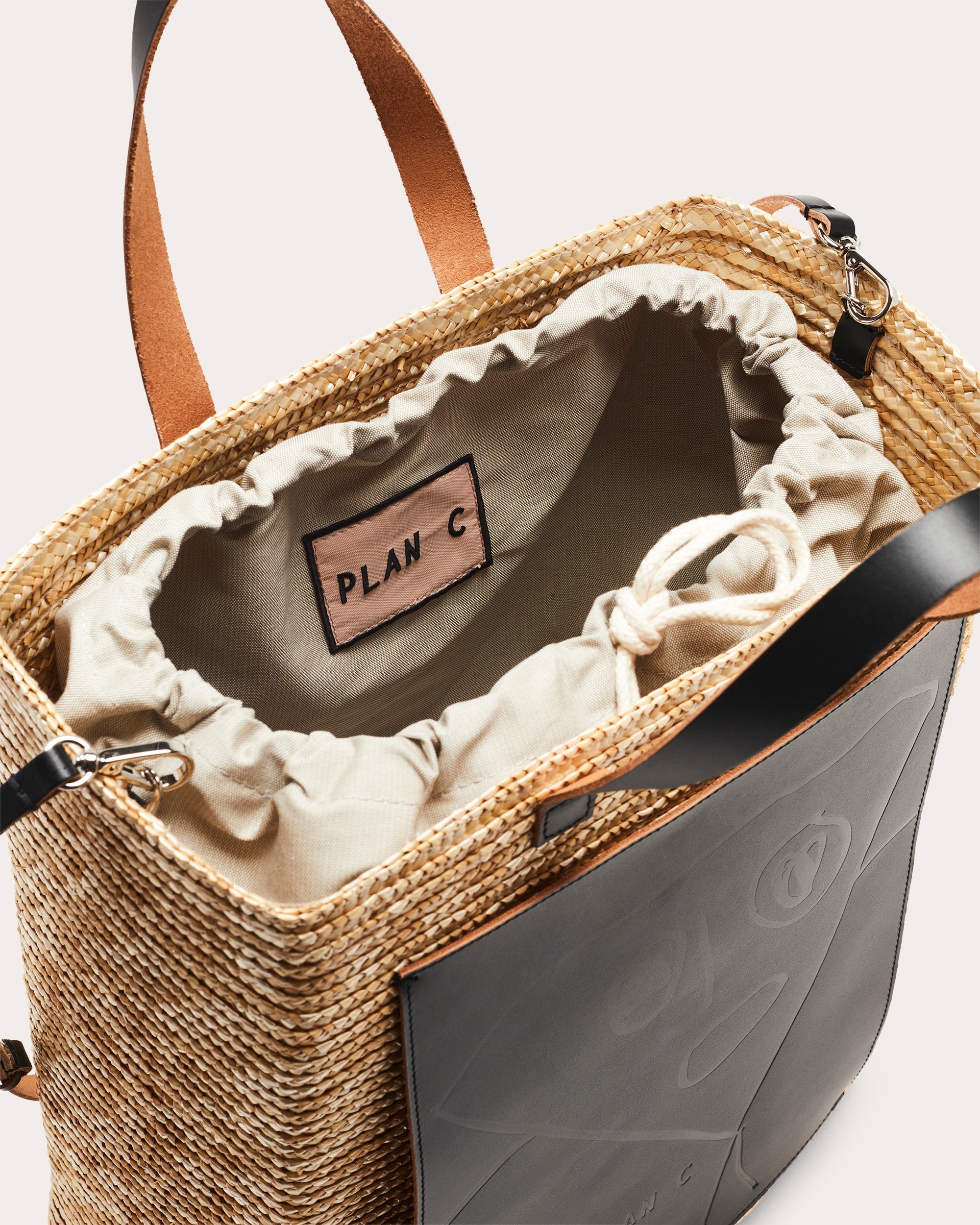 Big Straw Leather-Paneled Straw Tote