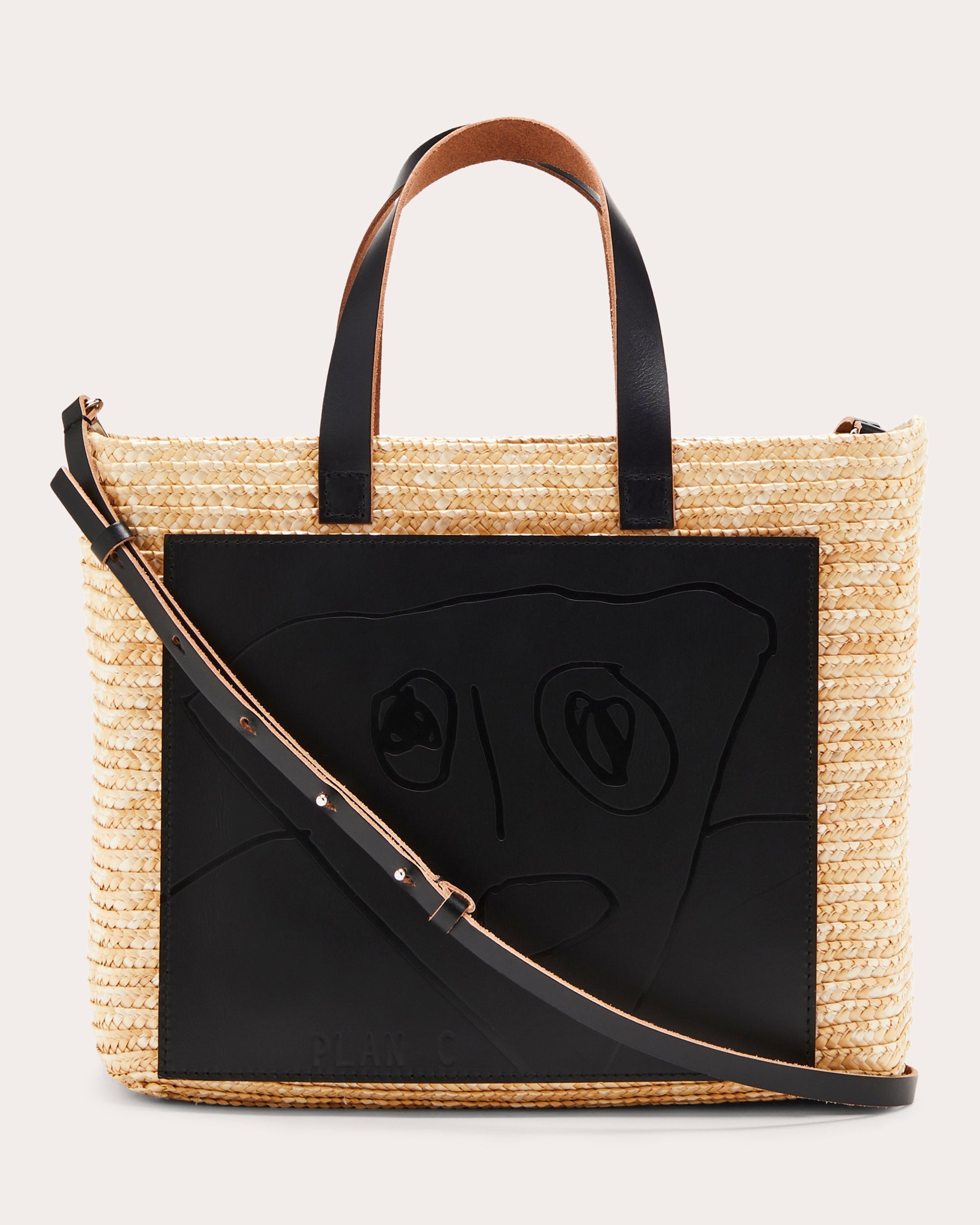 Small Leather-Paneled Straw Tote