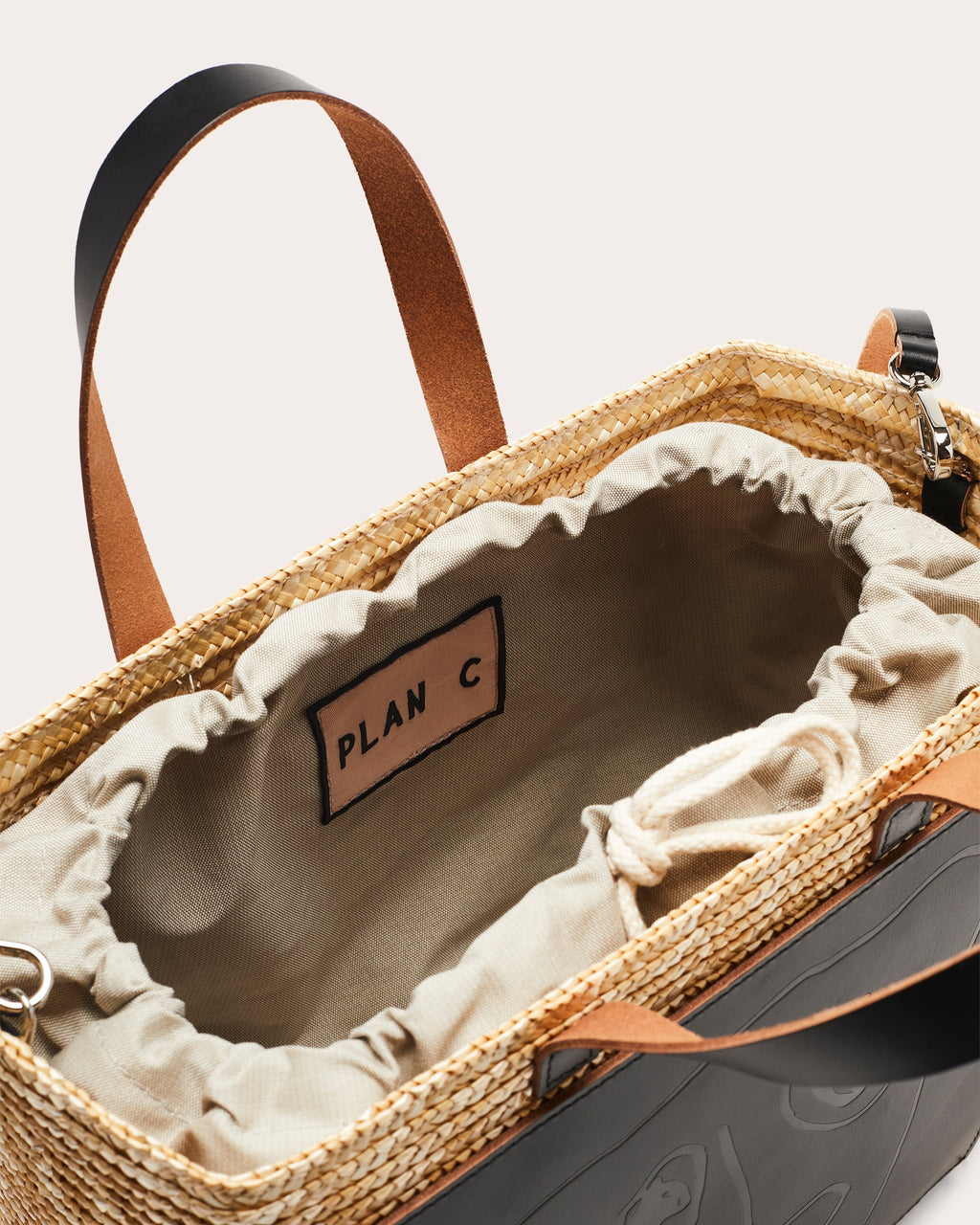 Small Leather-Paneled Straw Tote