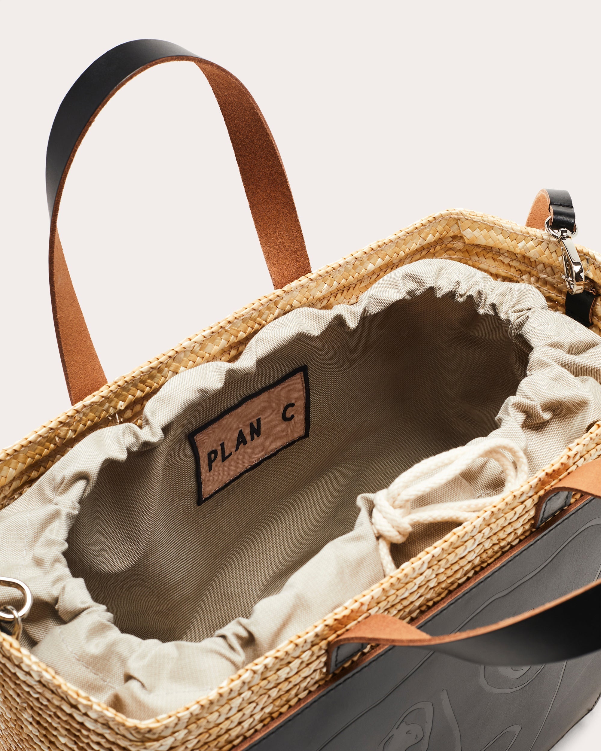 Small Leather-Paneled Straw Tote
