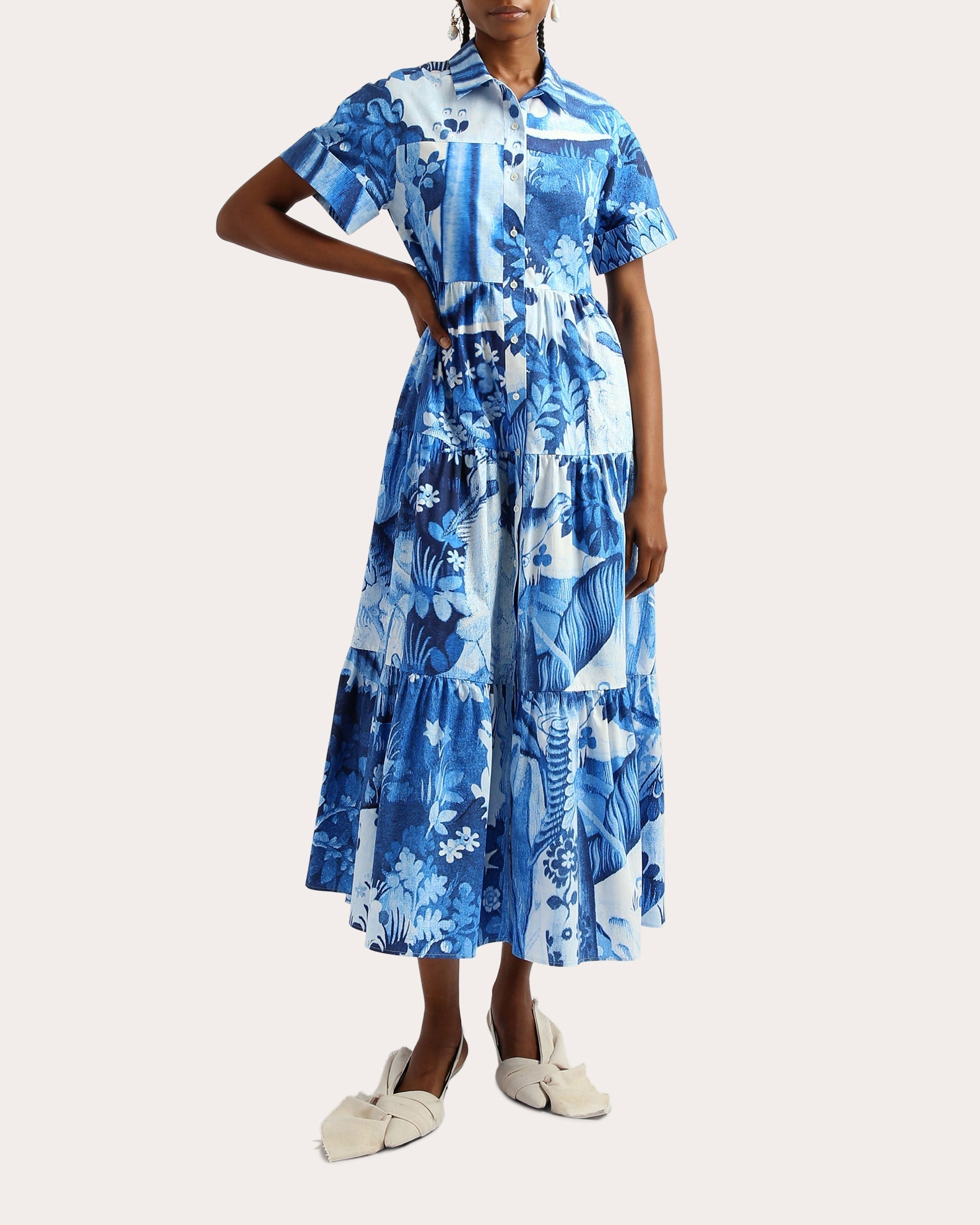 Tiered Floral-Print Cotton-Poplin Midi Dress