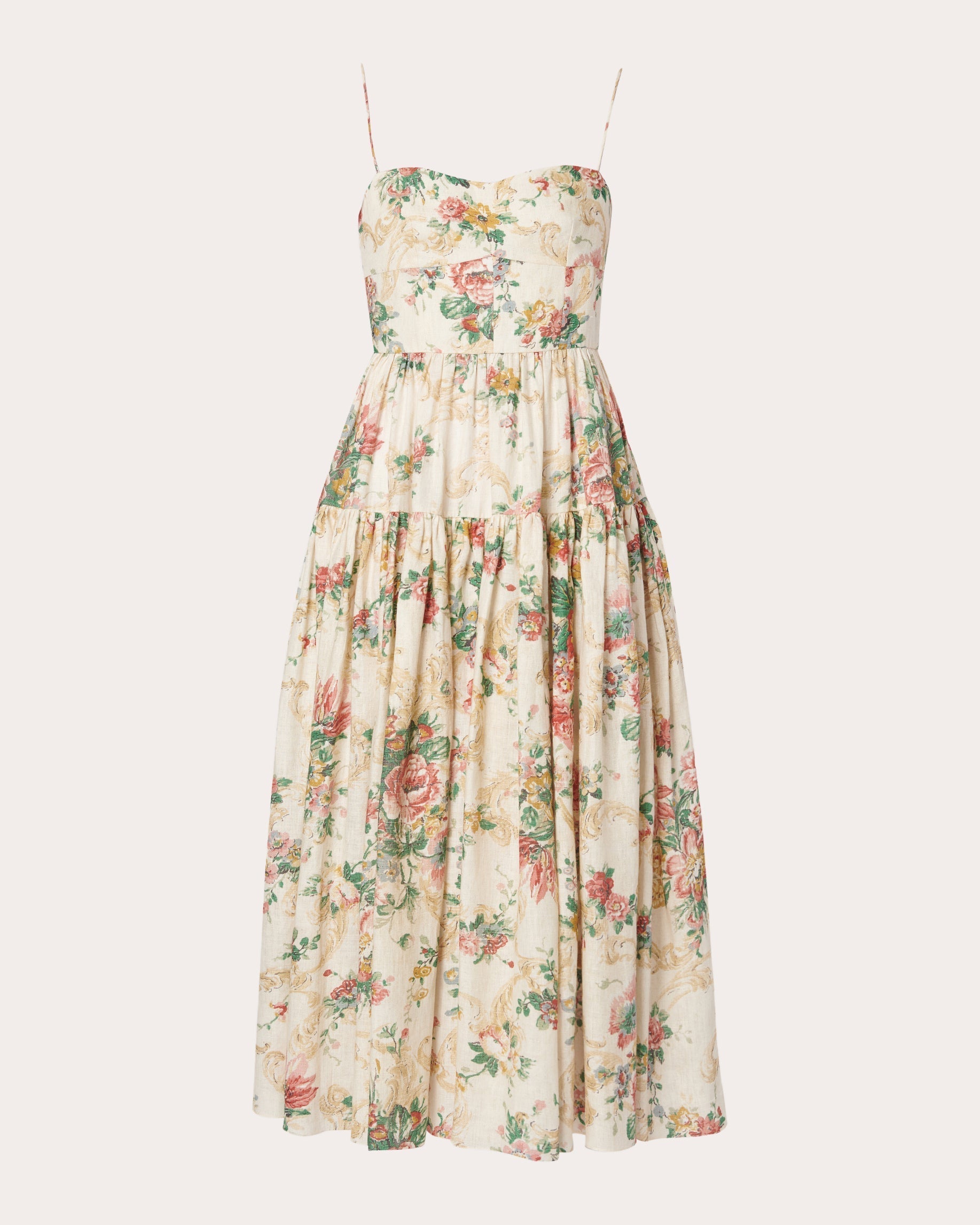 Tiered Floral-Print Linen Midi Dress