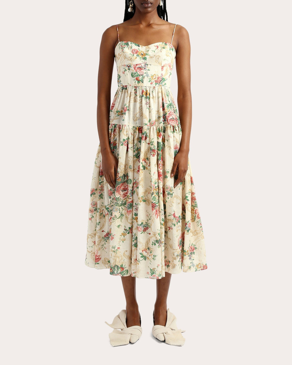 Tiered Floral-Print Linen Midi Dress