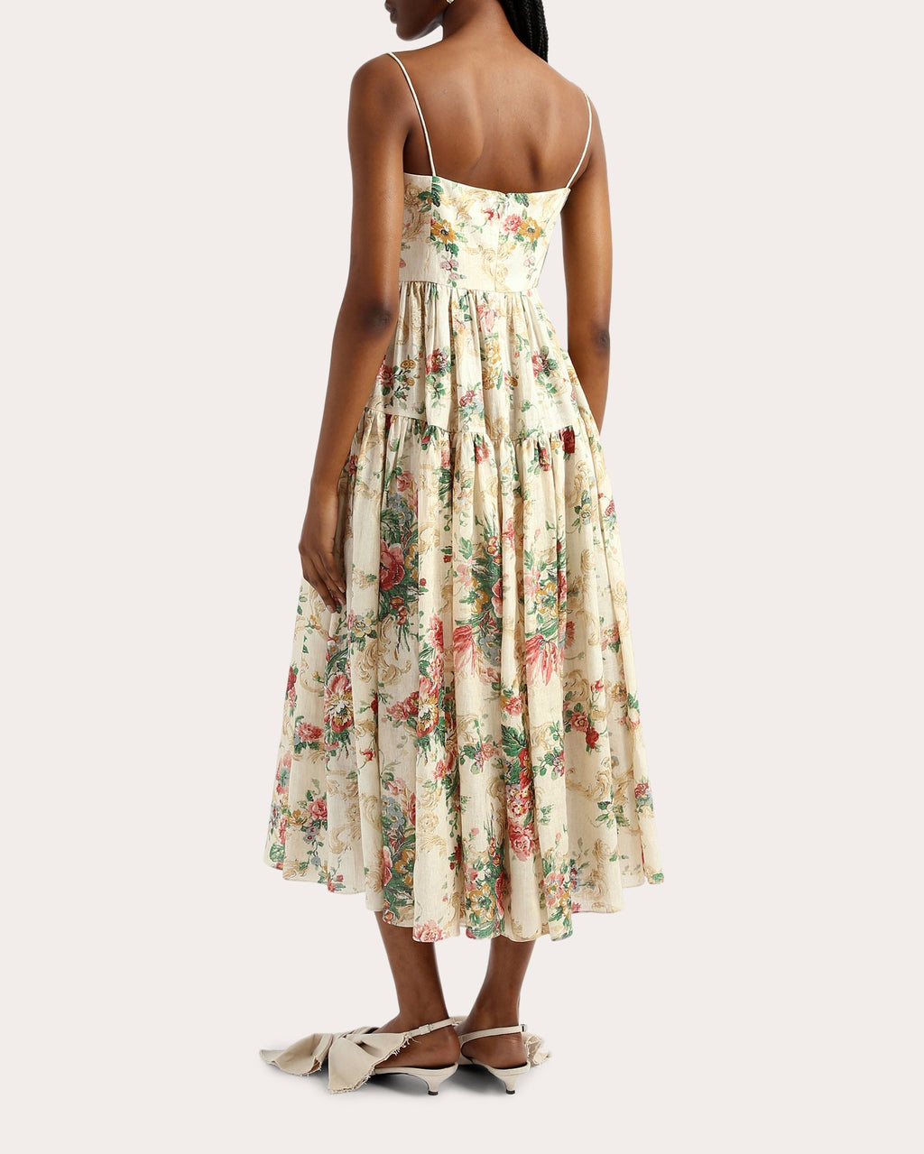 Tiered Floral-Print Linen Midi Dress