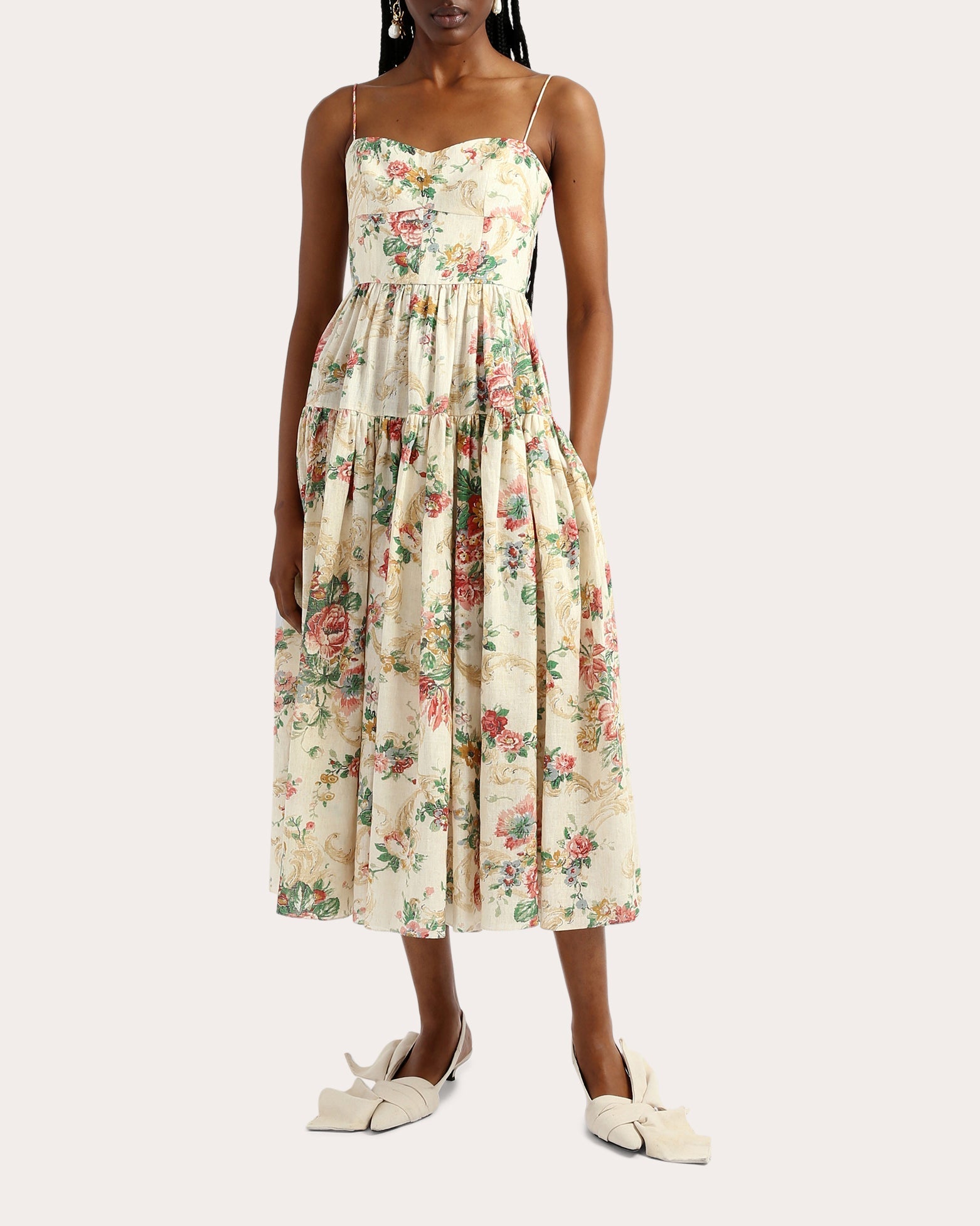 Tiered Floral-Print Linen Midi Dress