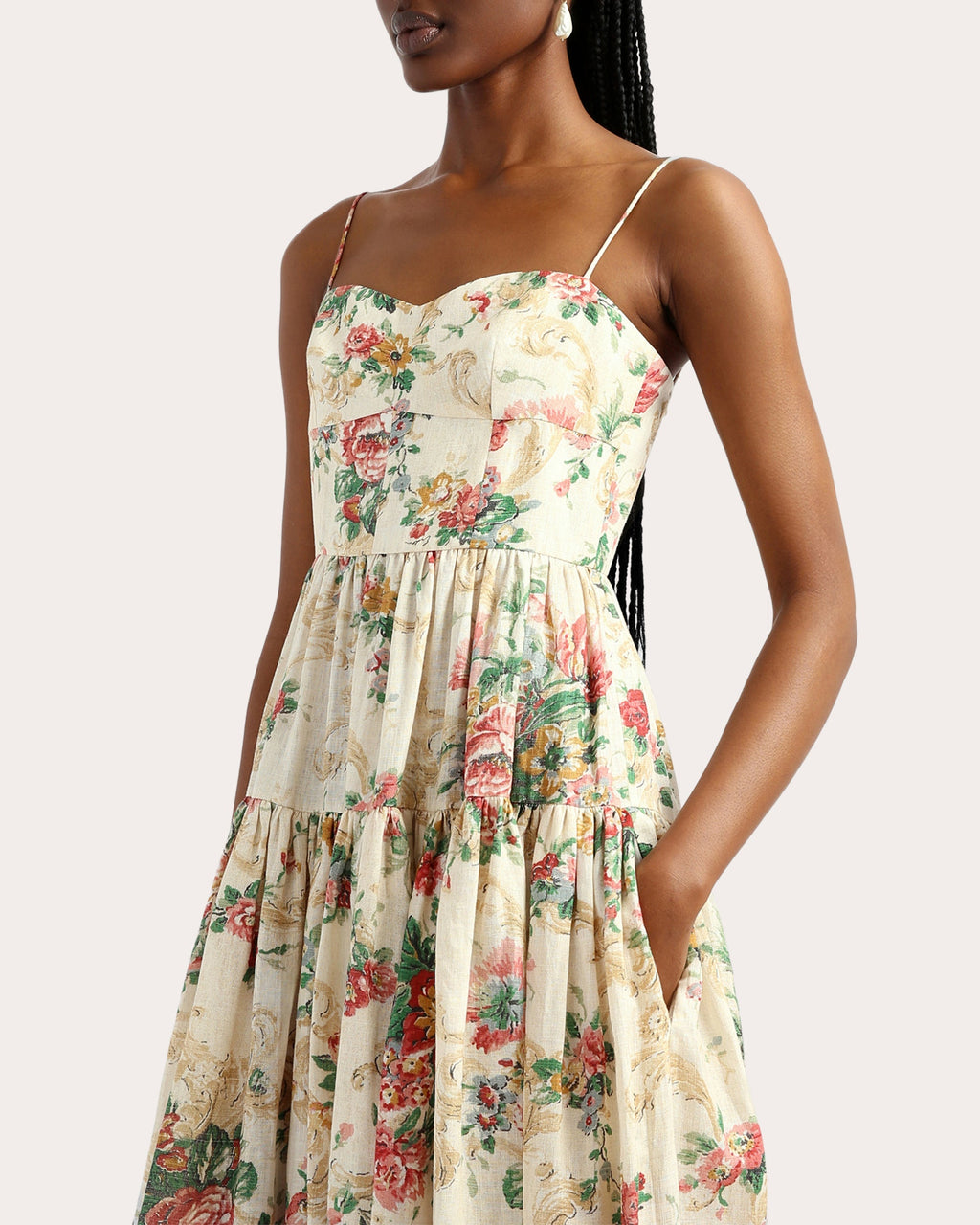 Tiered Floral-Print Linen Midi Dress