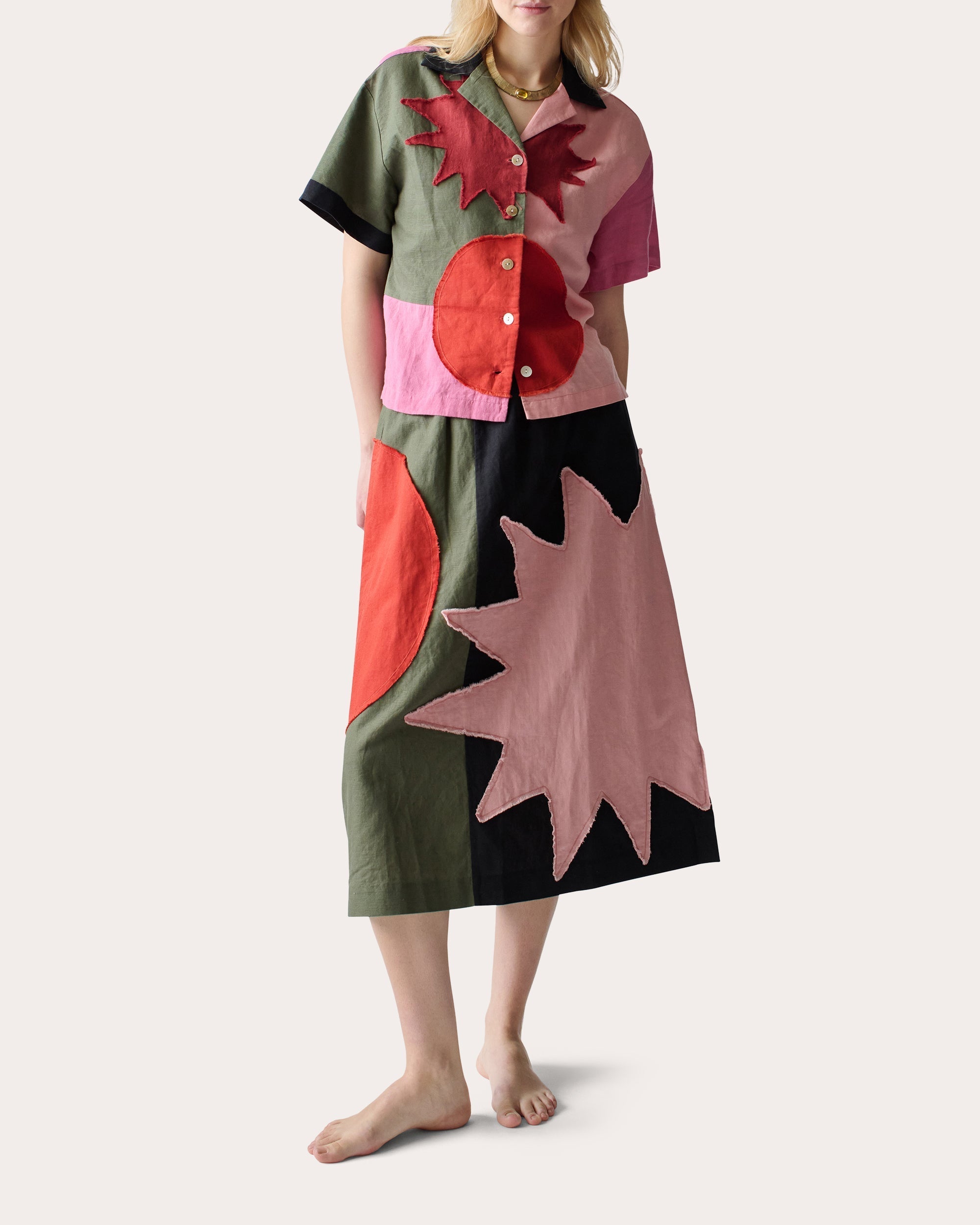 Patmos Appliquéd Linen-Blend Midi Skirt
