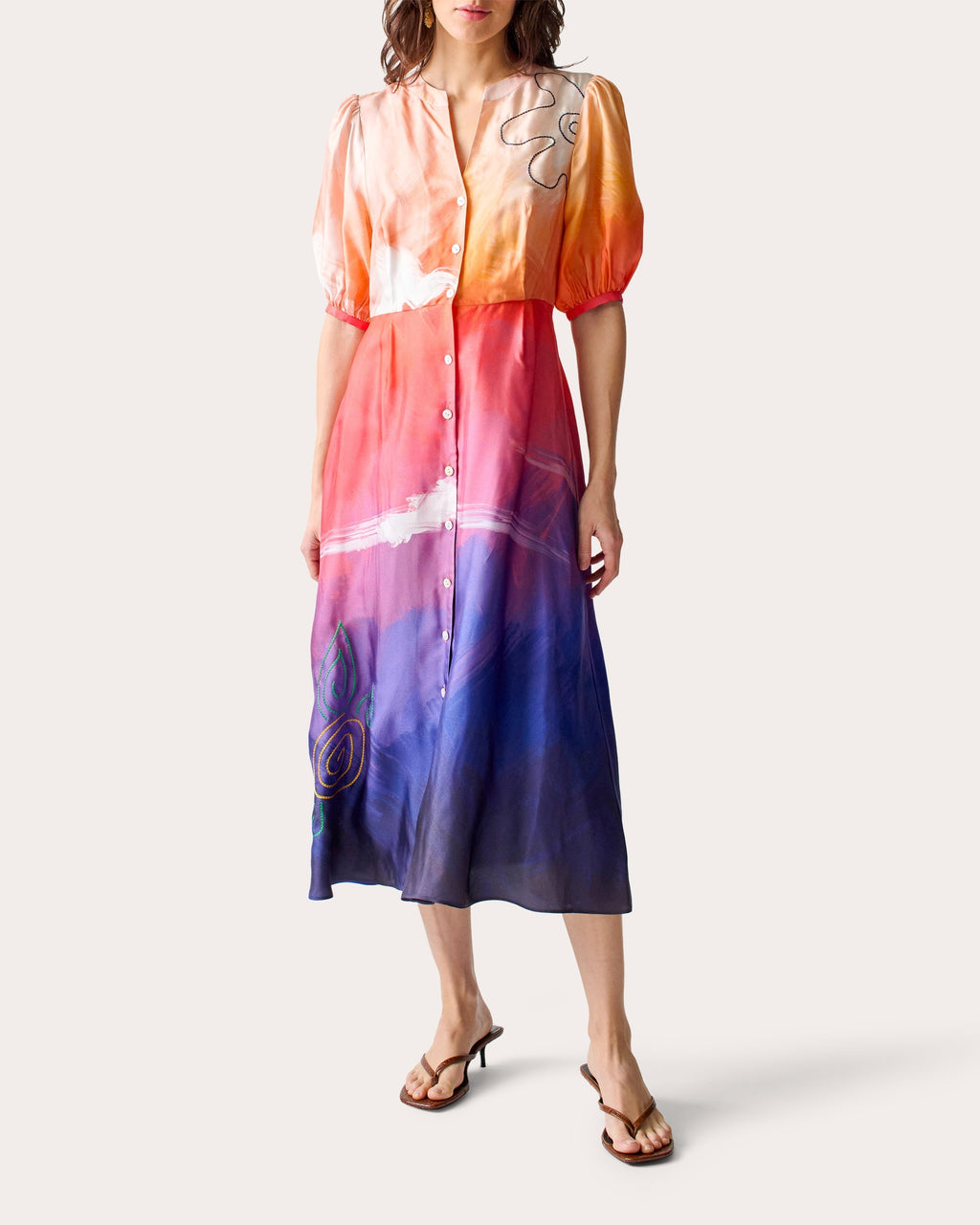 Psili Amos Embroidered Silk-Twill Midi Dress
