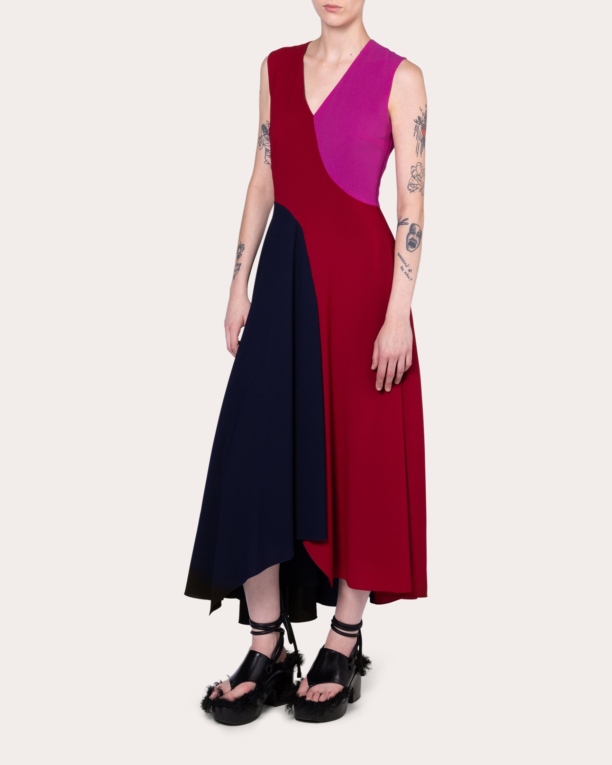 Miral Asymmetric Color Block Crepe Midi Dress