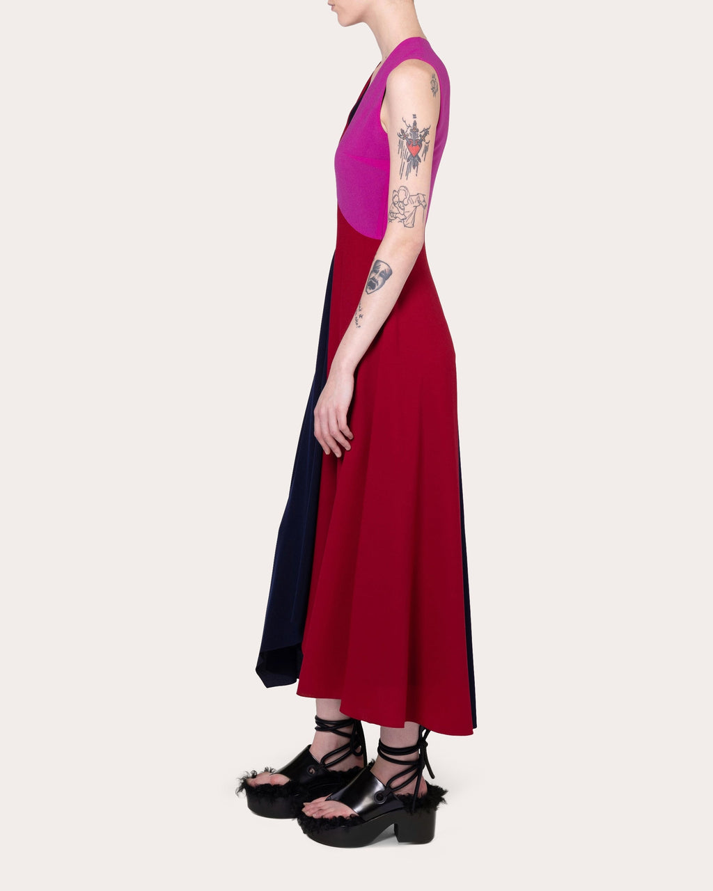 Miral Asymmetric Color Block Crepe Midi Dress