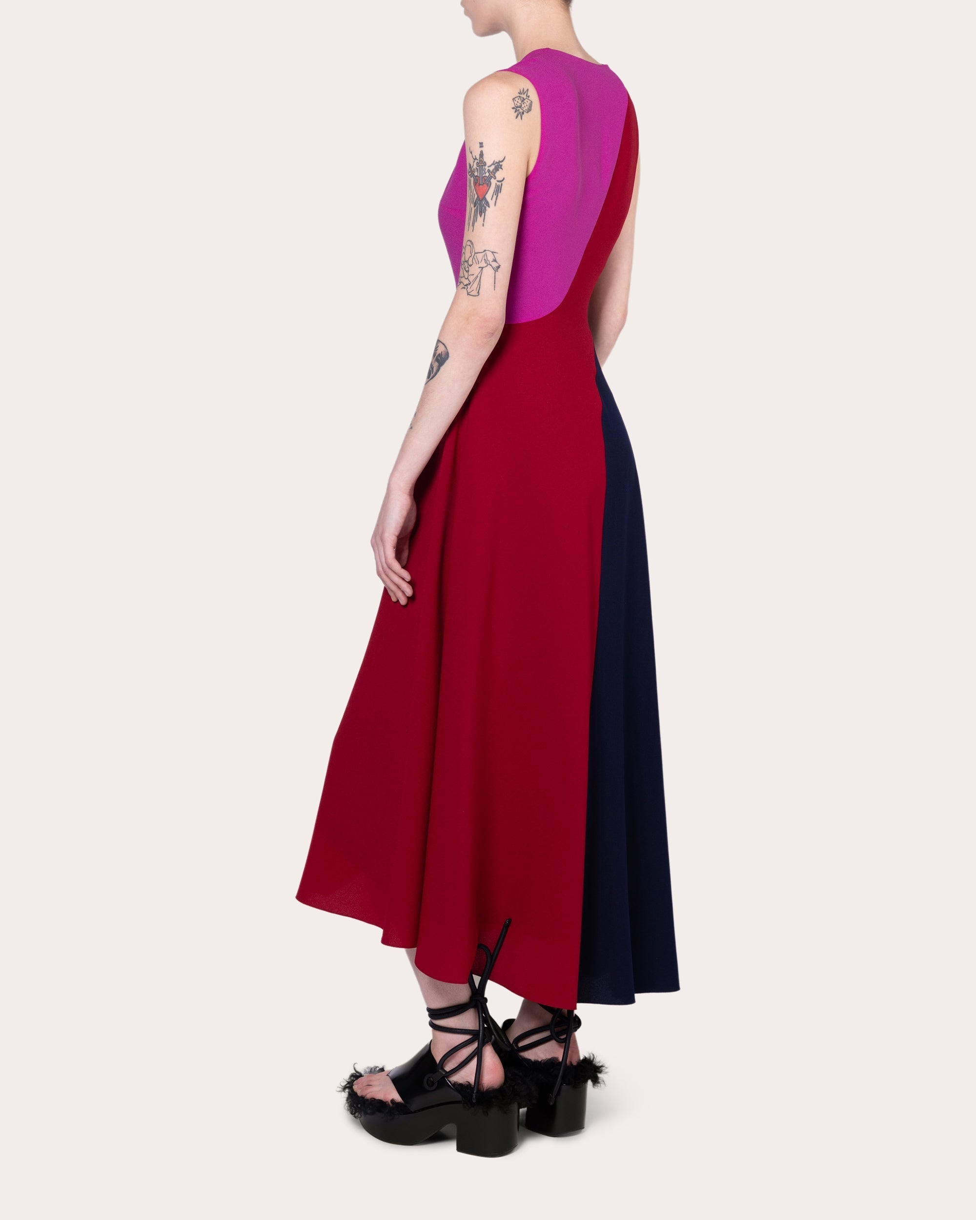 Miral Asymmetric Color Block Crepe Midi Dress
