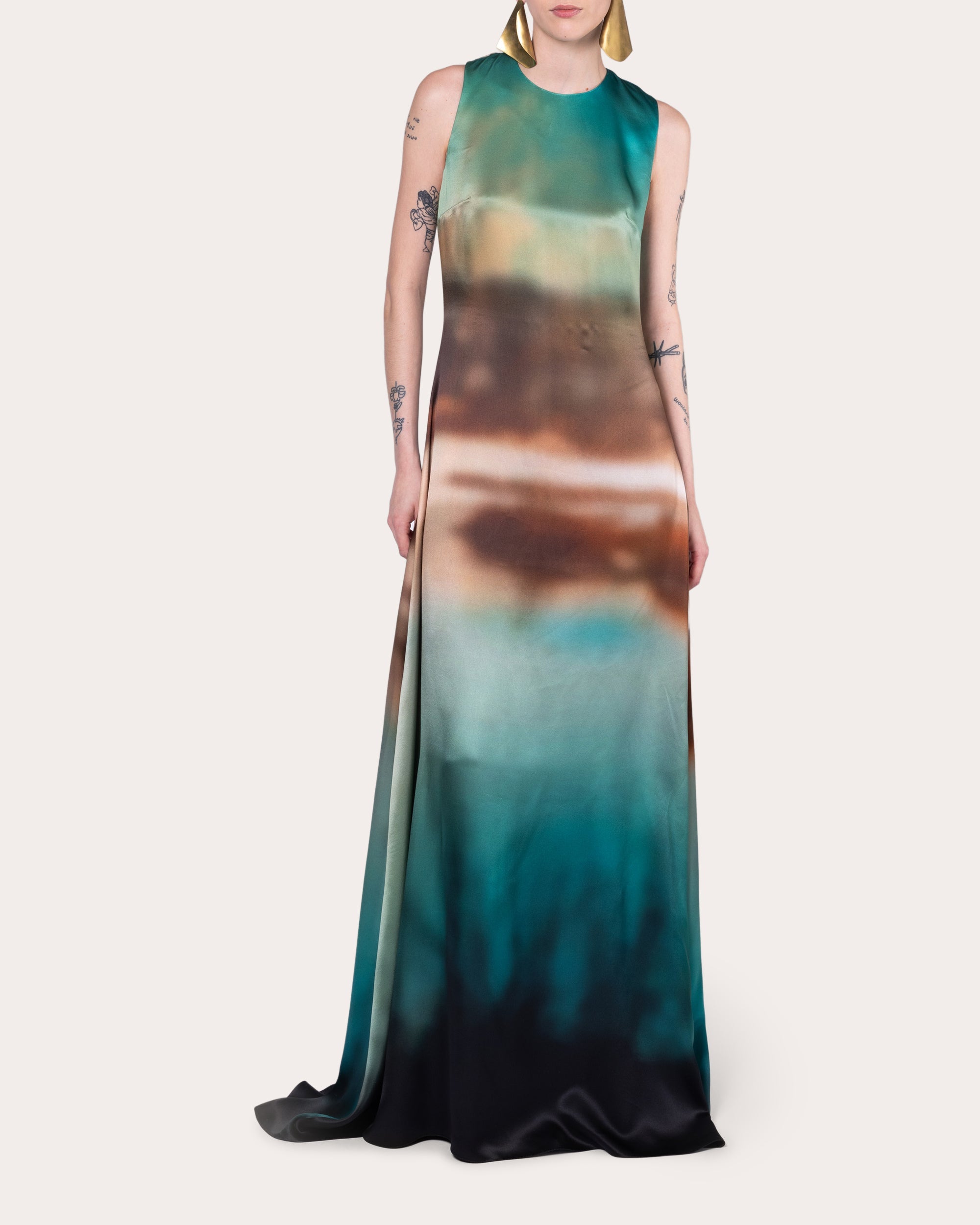 Sylas Printed Twist Back Silk Satin Gown