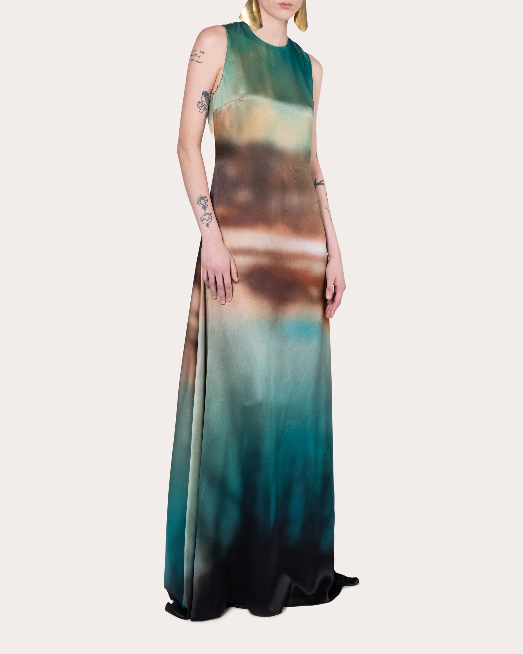 Sylas Printed Twist Back Silk Satin Gown