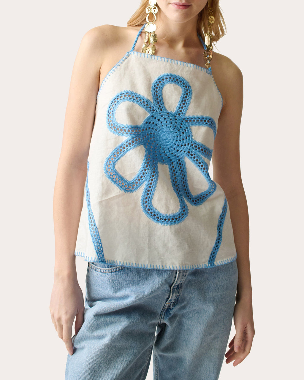 Kampos Crochet-Trimmed Linen-Blend Halterneck Top