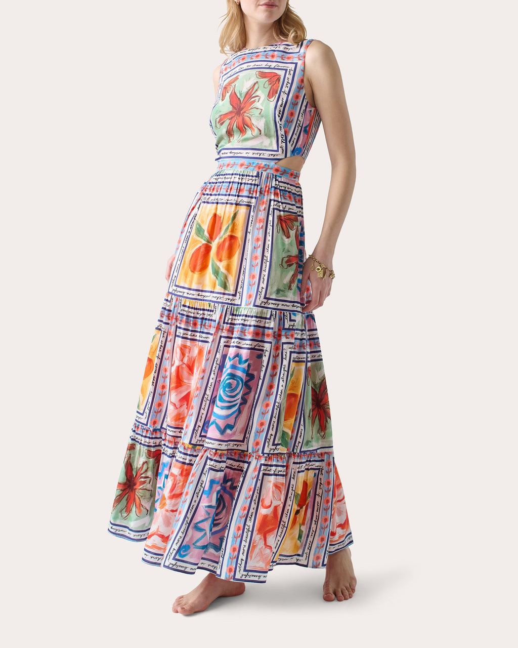 Marcia Tiered Printed Cotton-Blend Cutout Maxi Dress