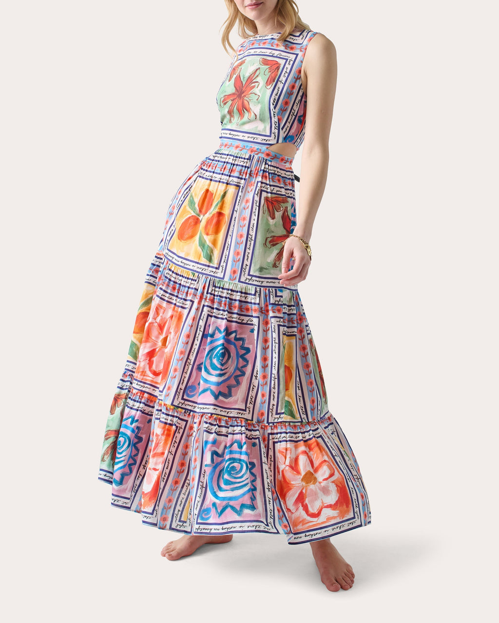 Marcia Tiered Printed Cotton-Blend Cutout Maxi Dress