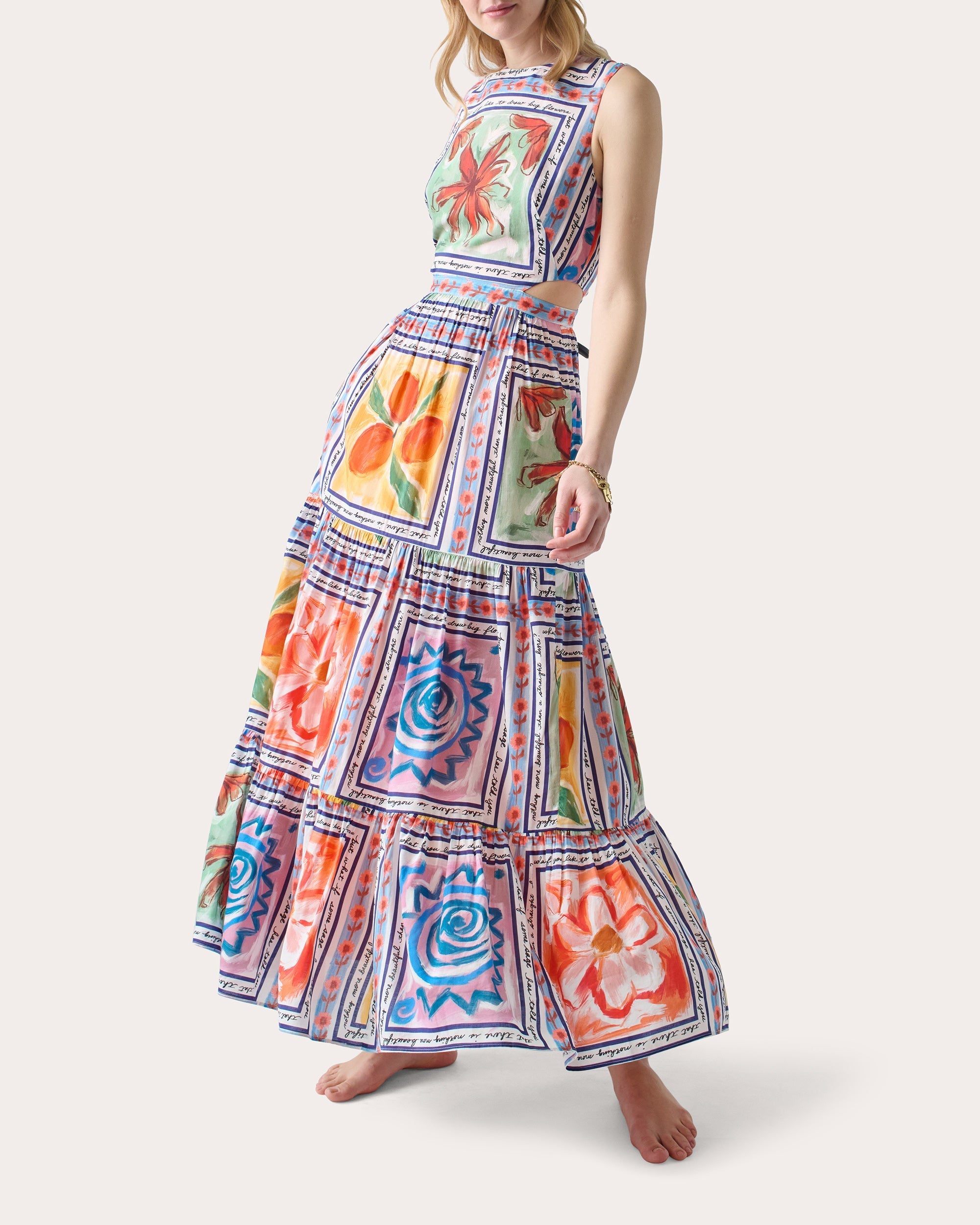 Marcia Tiered Printed Cotton-Blend Cutout Maxi Dress
