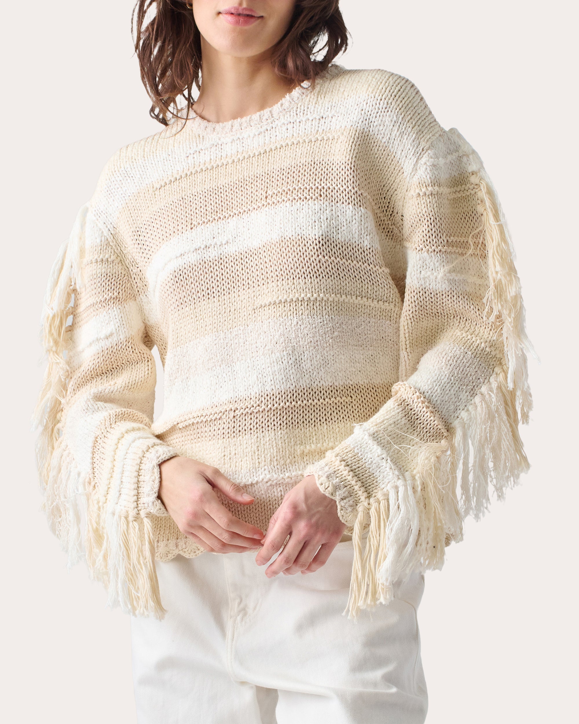 Marathi Striped Fringed Cotton Knit Sweater