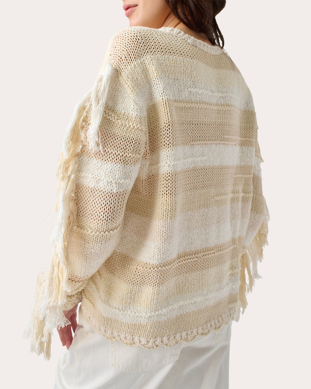 Marathi Striped Fringed Cotton Knit Sweater