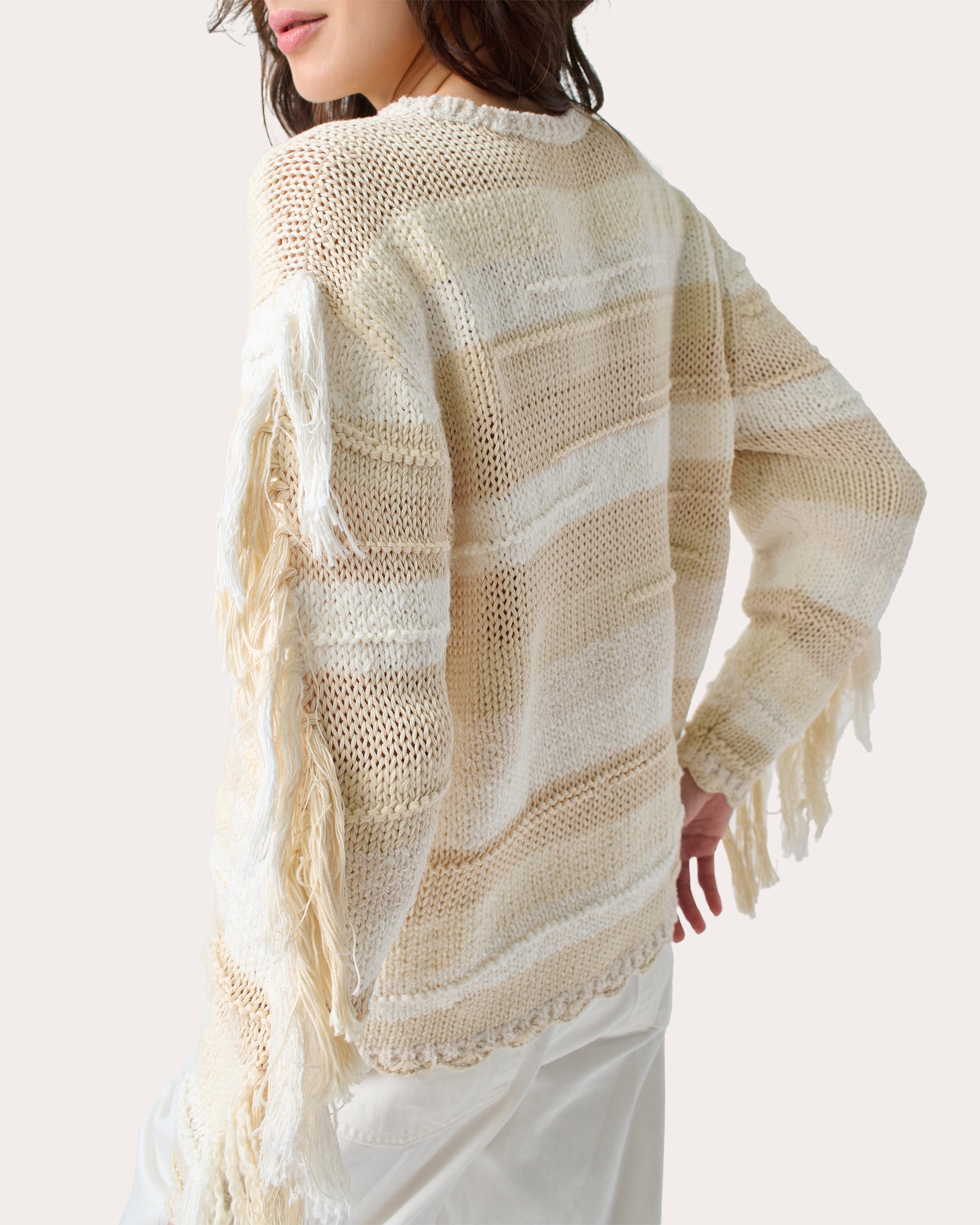 Marathi Striped Fringed Cotton Knit Sweater