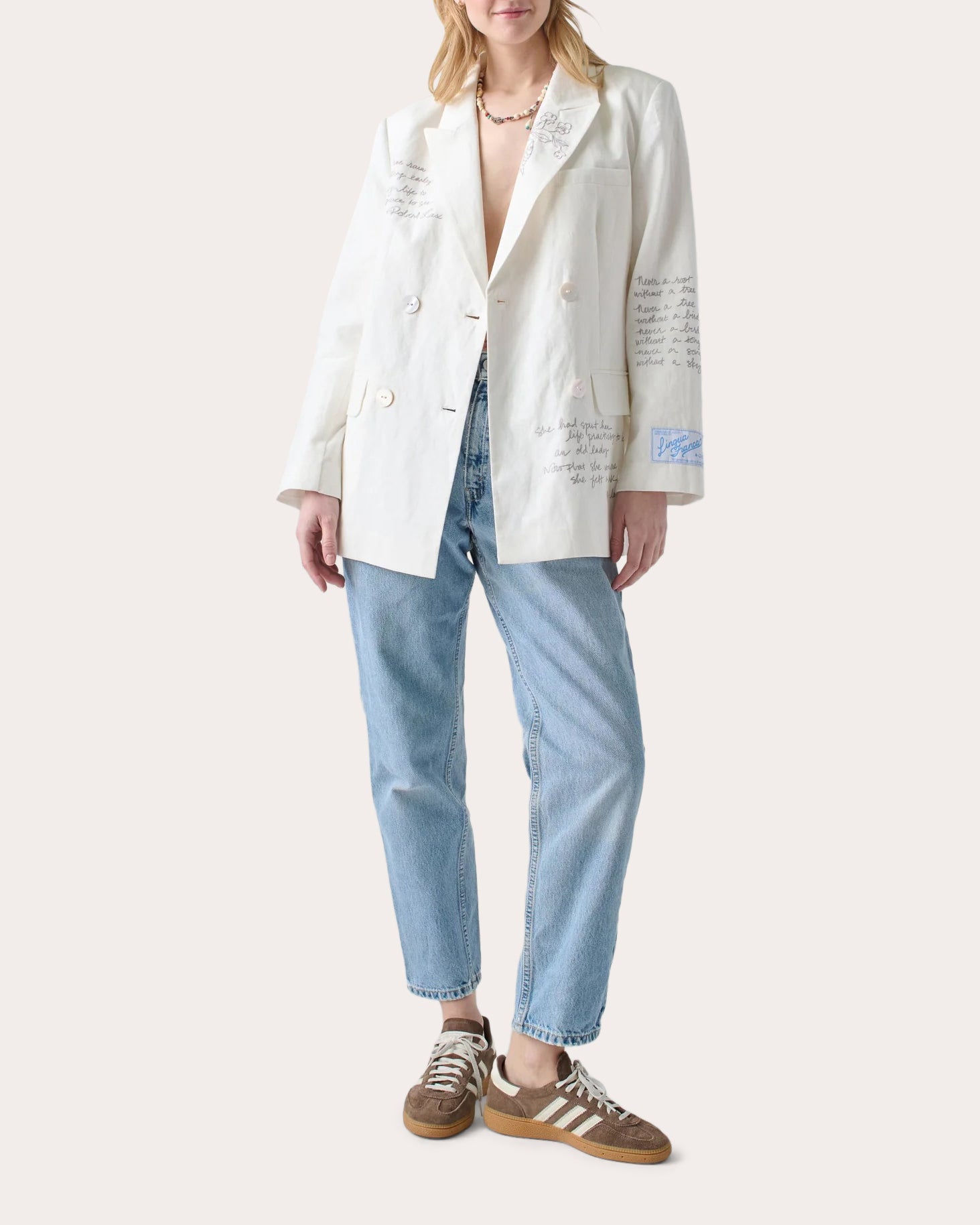 Chora Embroidered Double-Breasted Linen-Blend Blazer