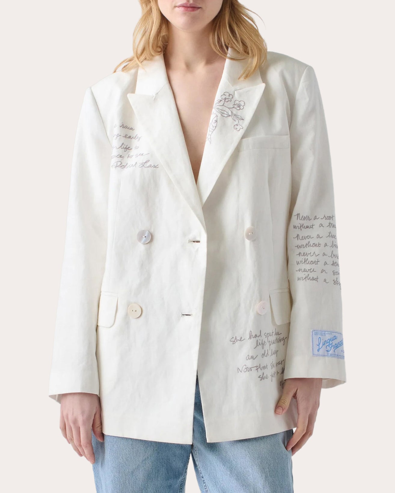 Chora Embroidered Double-Breasted Linen-Blend Blazer