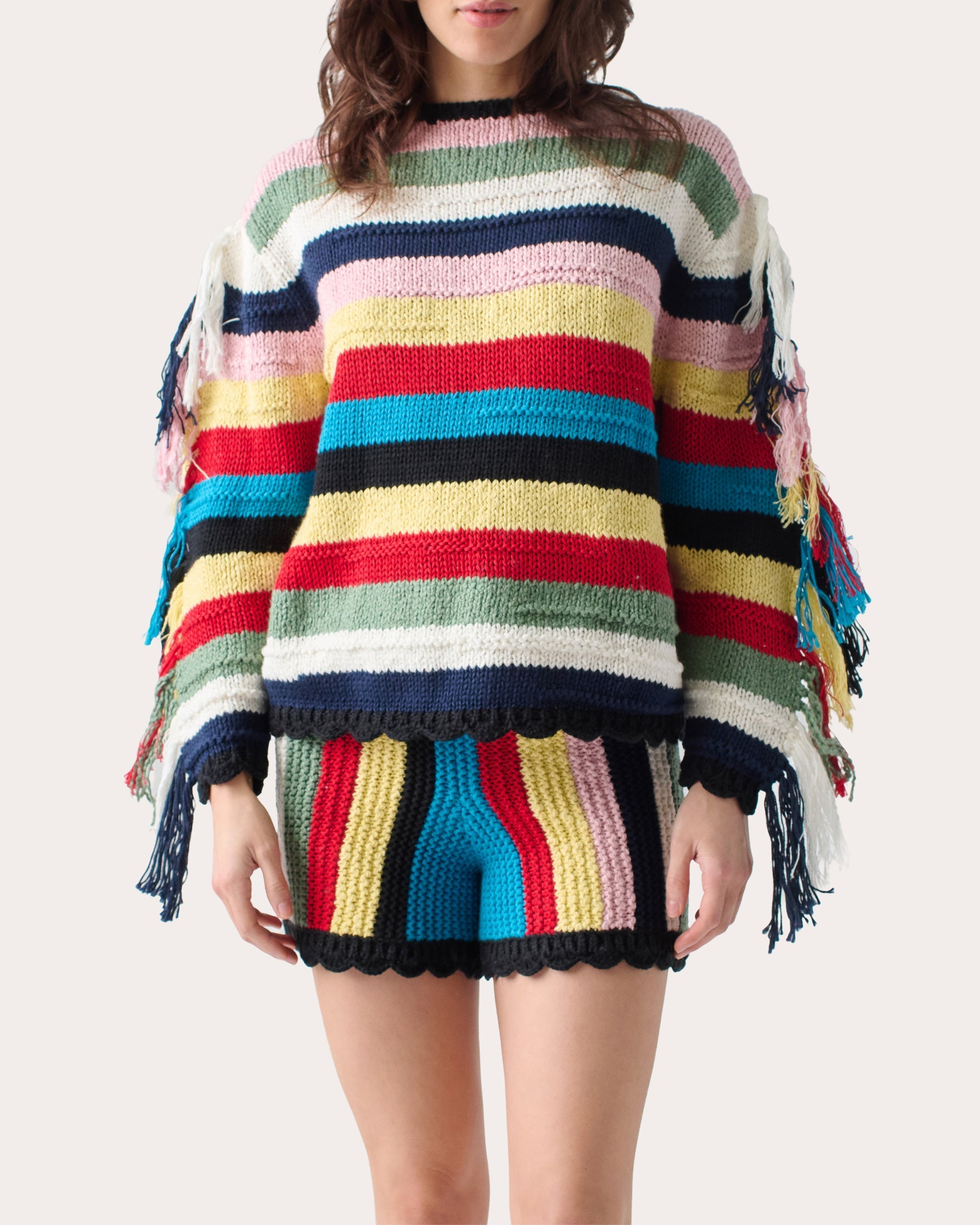 Marathi Striped Fringed Cotton Knit Sweater