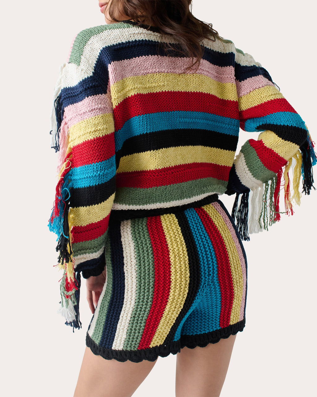 Marathi Striped Fringed Cotton Knit Sweater