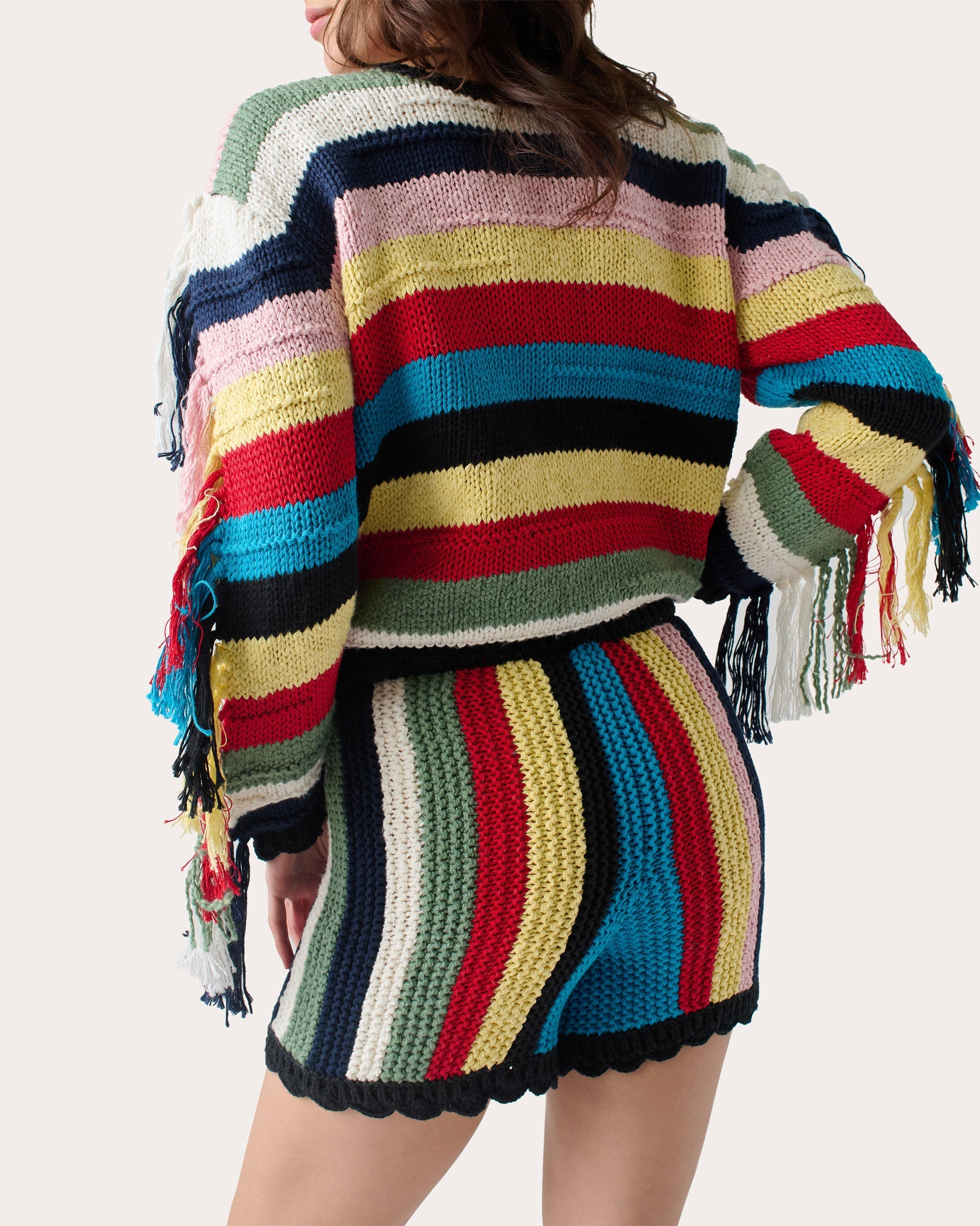 Marathi Striped Fringed Cotton Knit Sweater