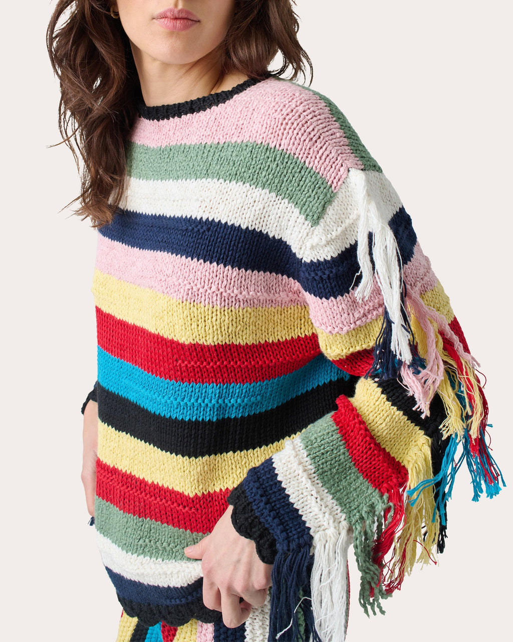Marathi Striped Fringed Cotton Knit Sweater