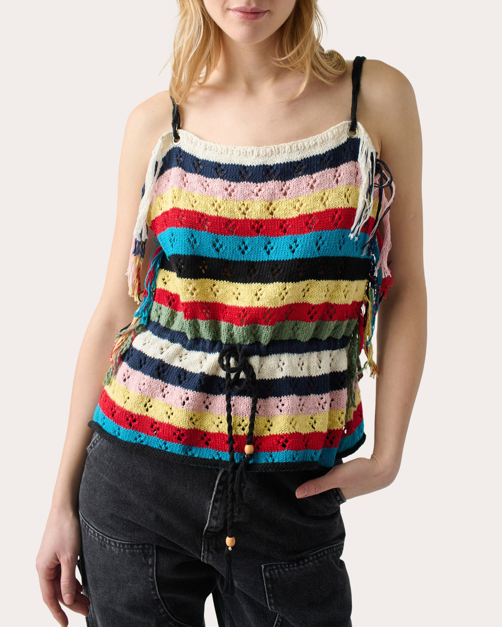 Marathi Striped Fringed Pointelle-Knit Cotton Top