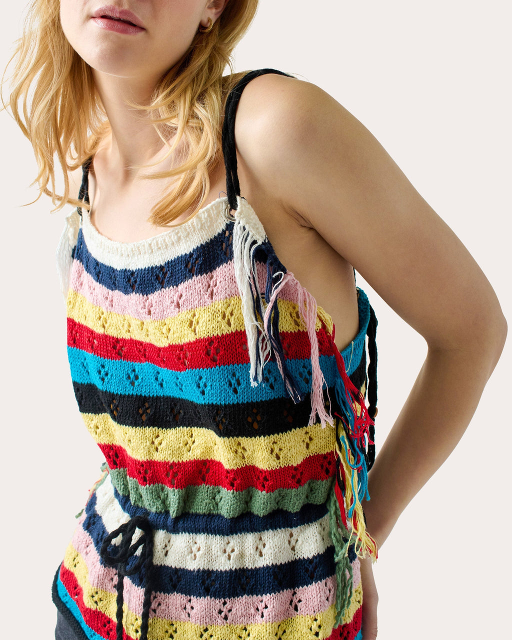 Marathi Striped Fringed Pointelle-Knit Cotton Top
