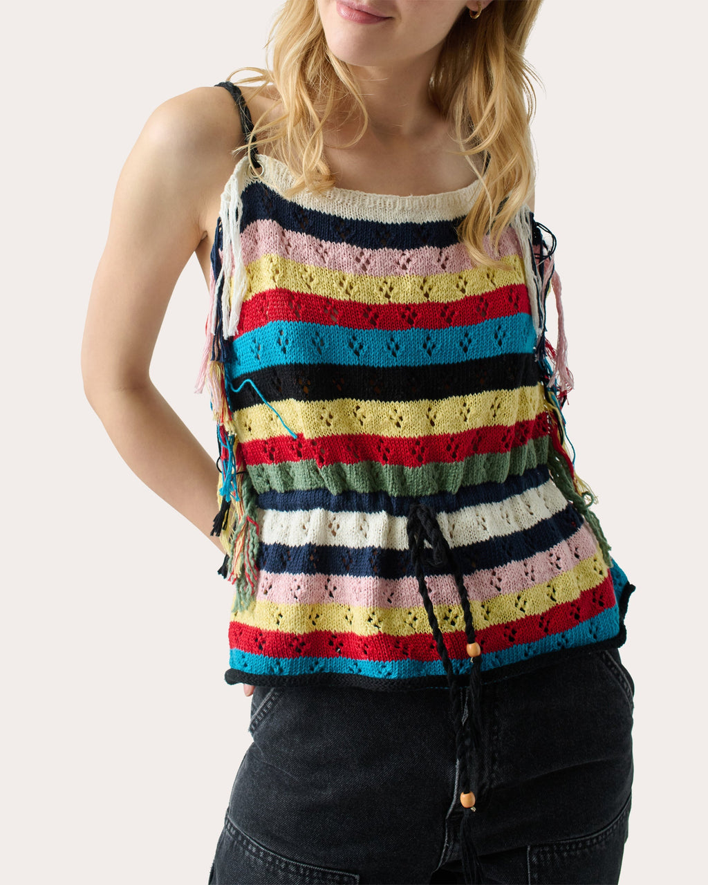 Marathi Striped Fringed Pointelle-Knit Cotton Top