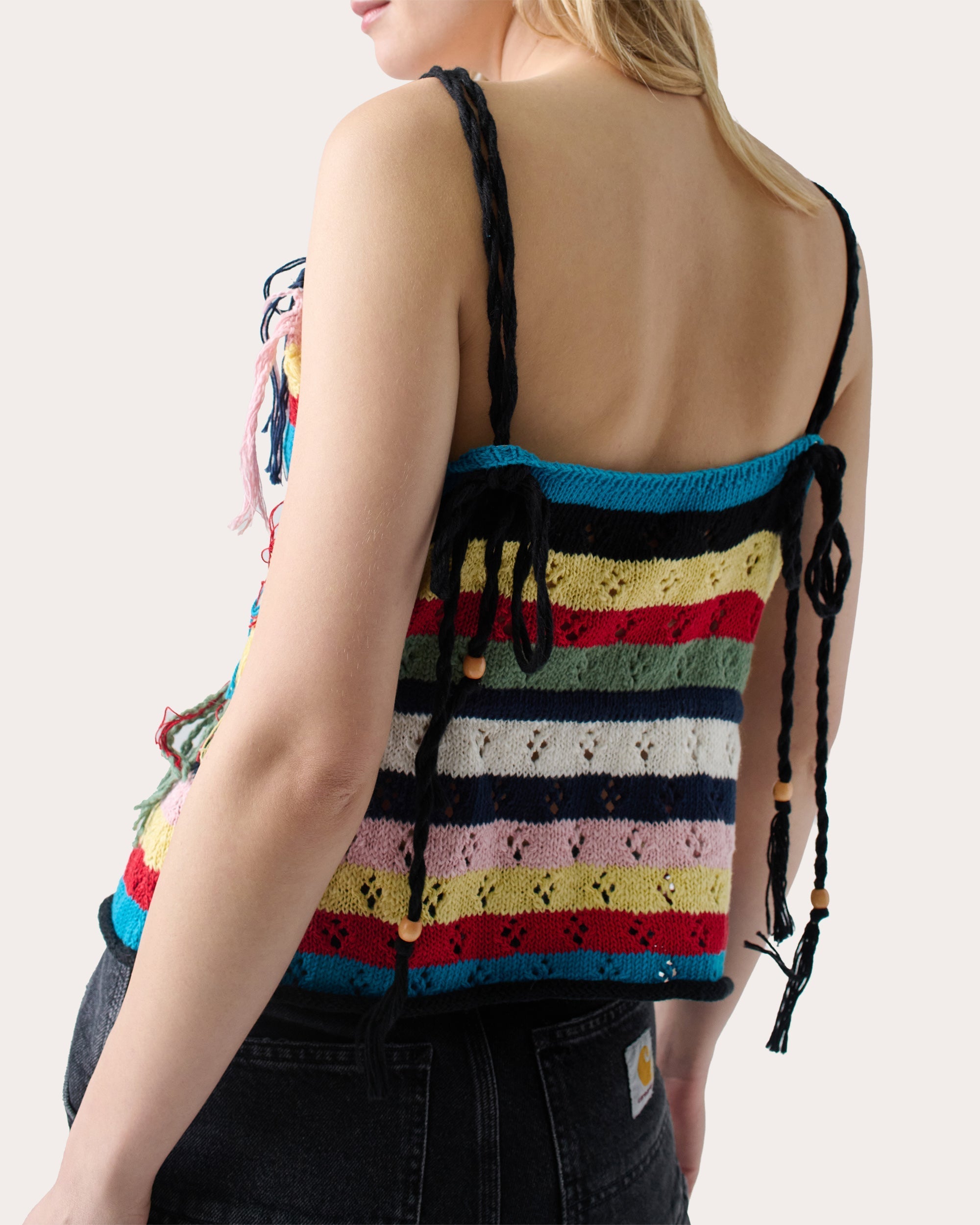 Marathi Striped Fringed Pointelle-Knit Cotton Top