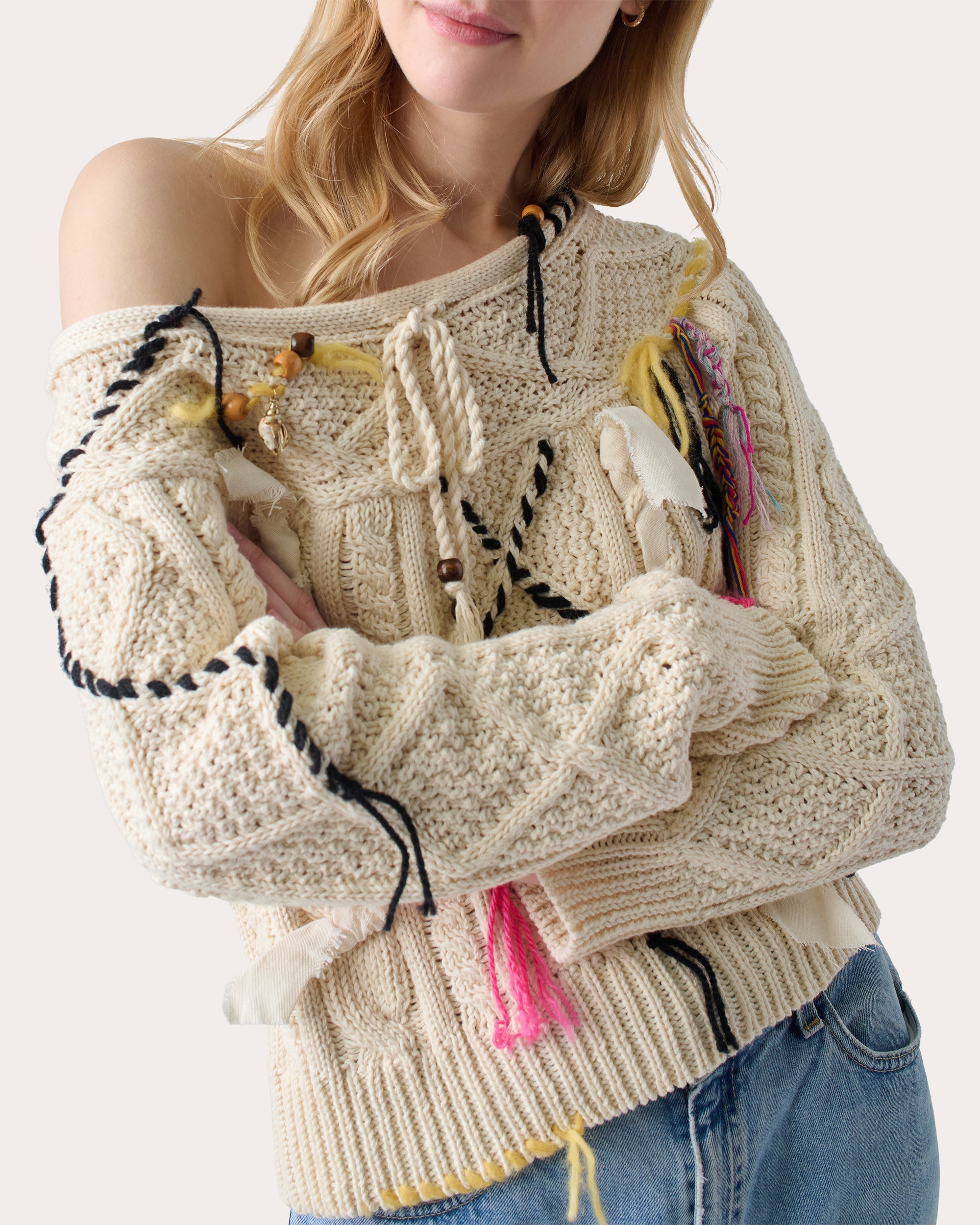 Vaggelis Appliquéd Cable-Knit Cotton Sweater