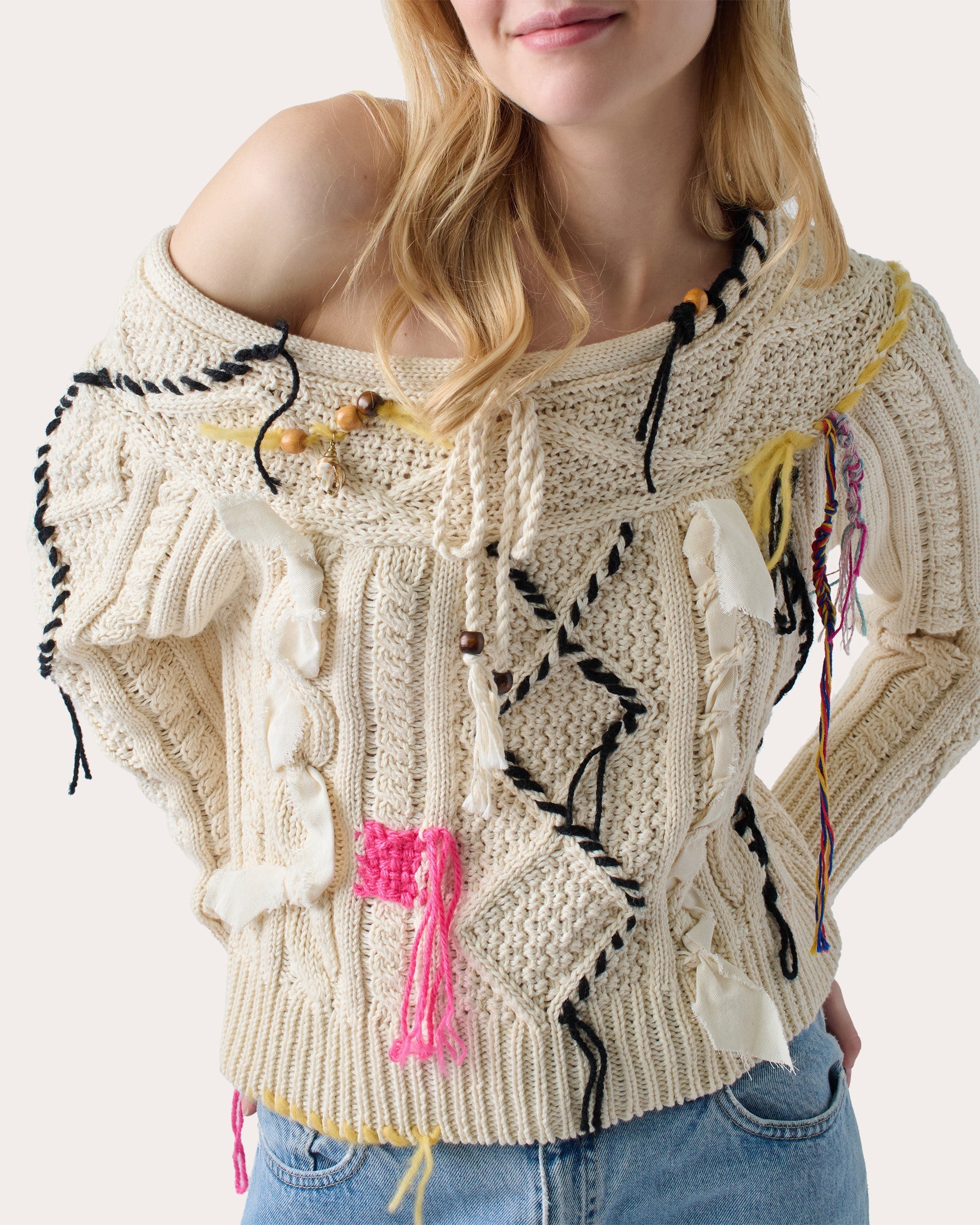 Vaggelis Appliquéd Cable-Knit Cotton Sweater